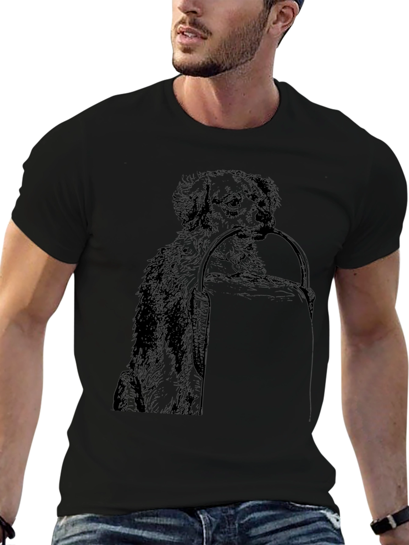 Dog with Basket Graphic Print Black T-Shirt