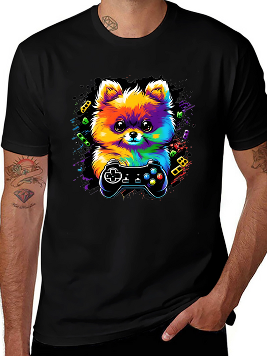 Gaming Dog T-Shirt - Colorful Pomeranian Gamer