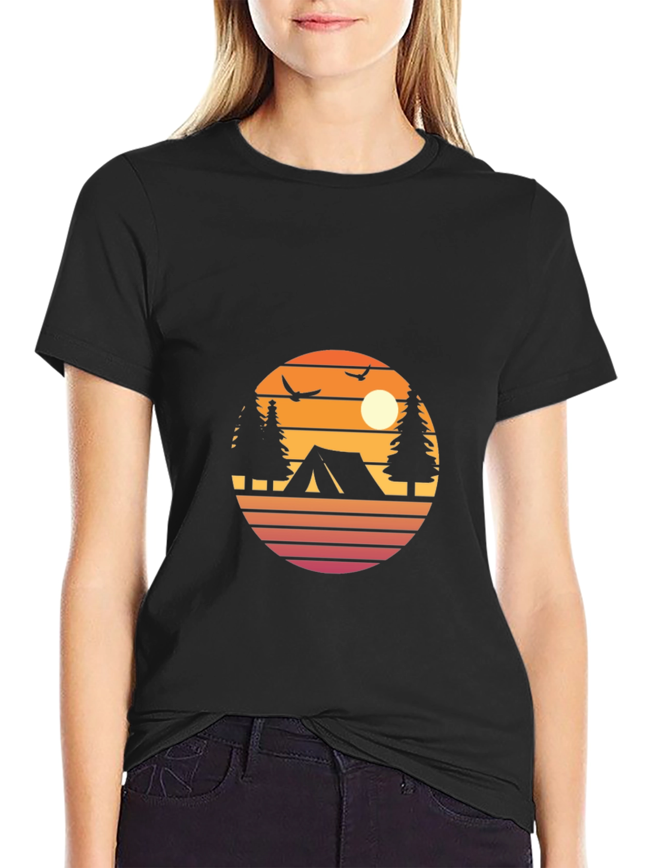 Retro Camping Graphic Tee - Black Cotton Blend