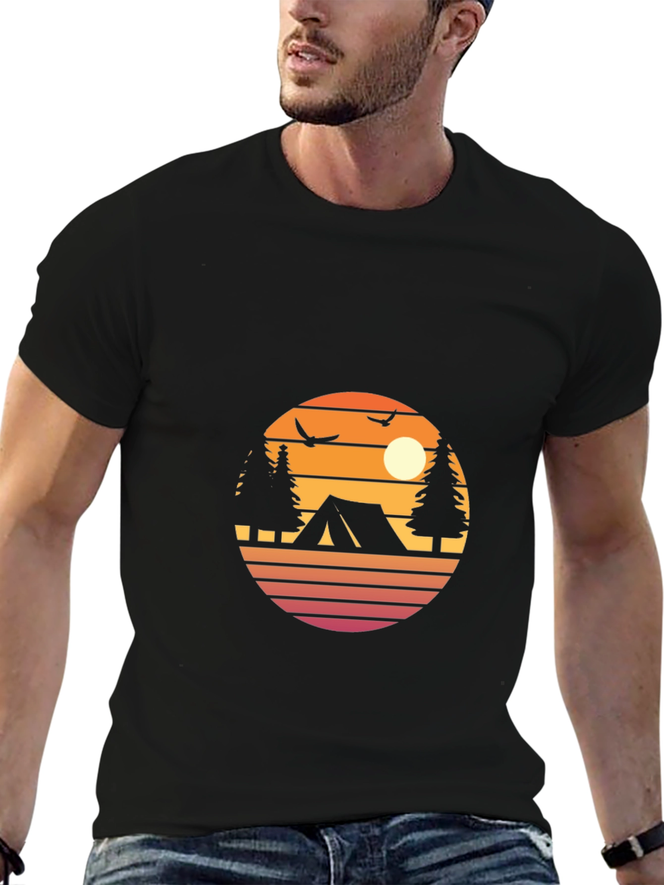 Retro Camping Graphic Tee - Black Cotton Blend