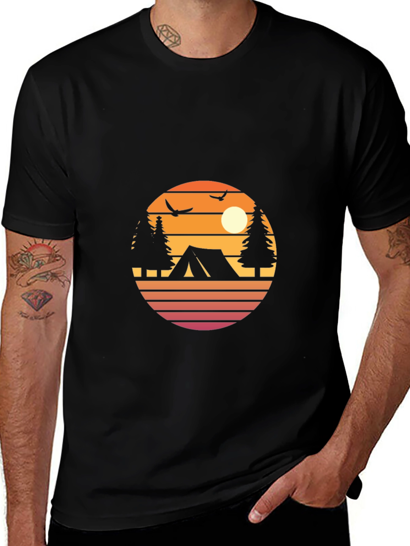Retro Camping Graphic Tee - Black Cotton Blend