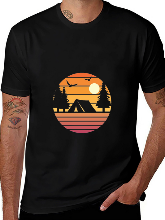 Retro Camping Graphic Tee - Black Cotton Blend