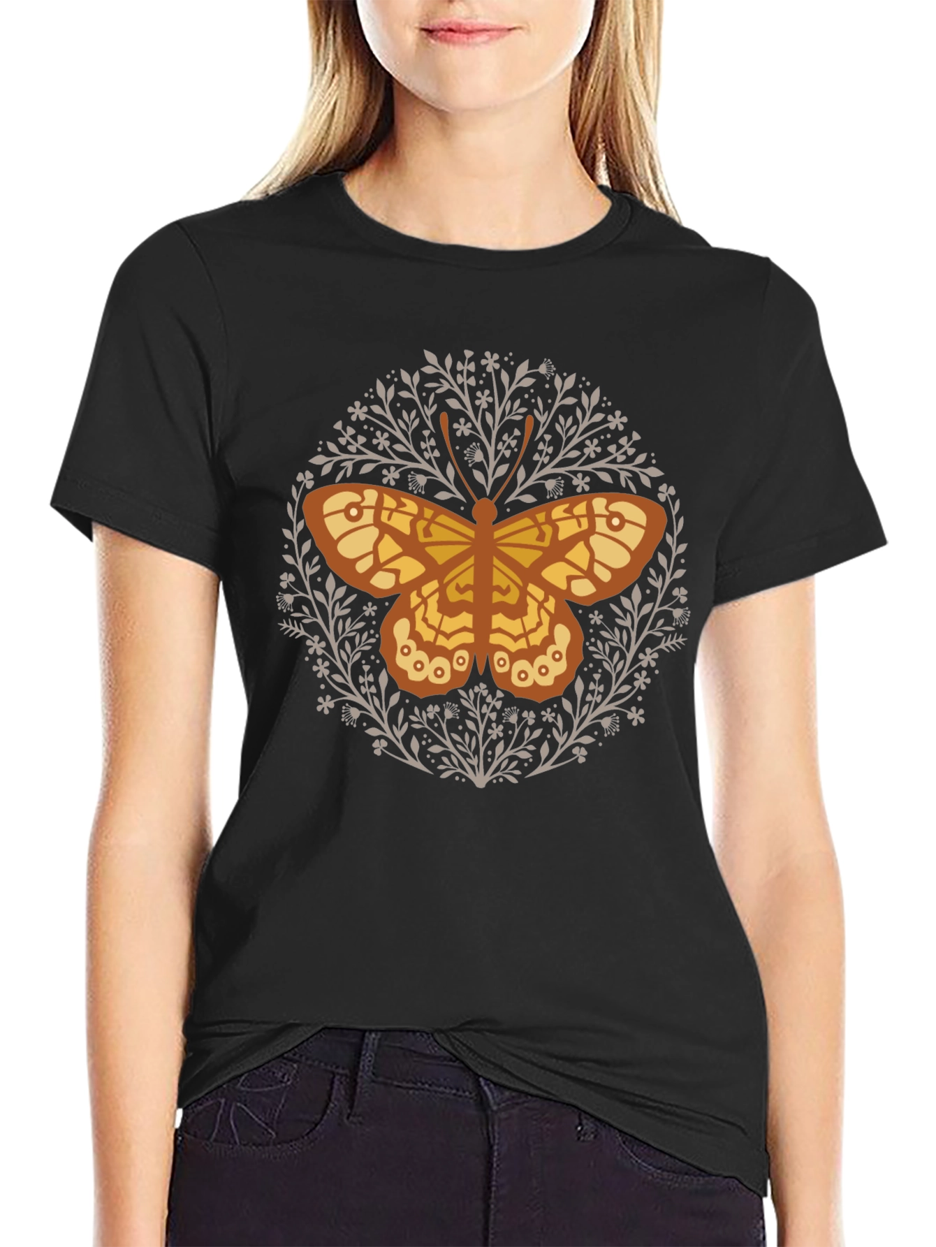 Butterfly Floral Graphic Tee - Black Cotton T-Shirt
