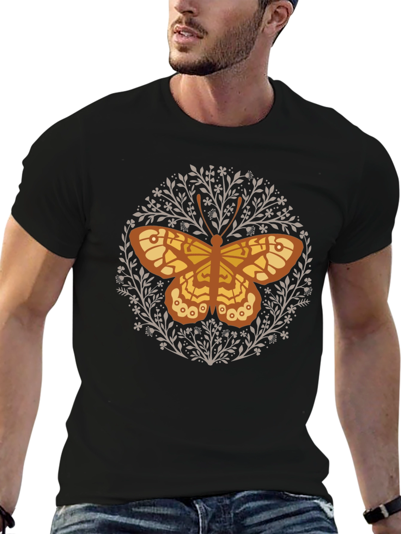 Butterfly Floral Graphic Tee - Black Cotton T-Shirt