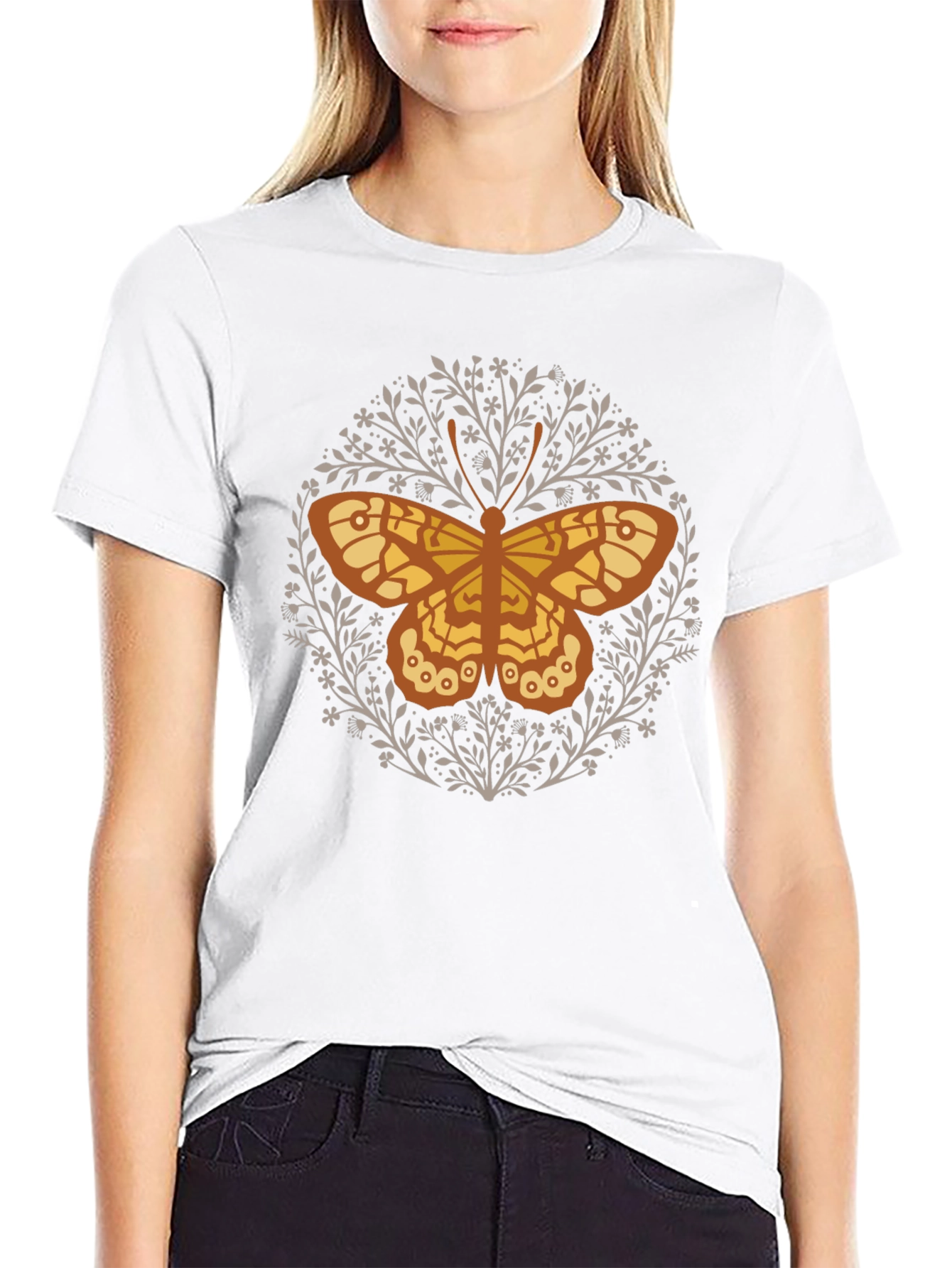 Butterfly Floral Graphic Tee - Black Cotton T-Shirt