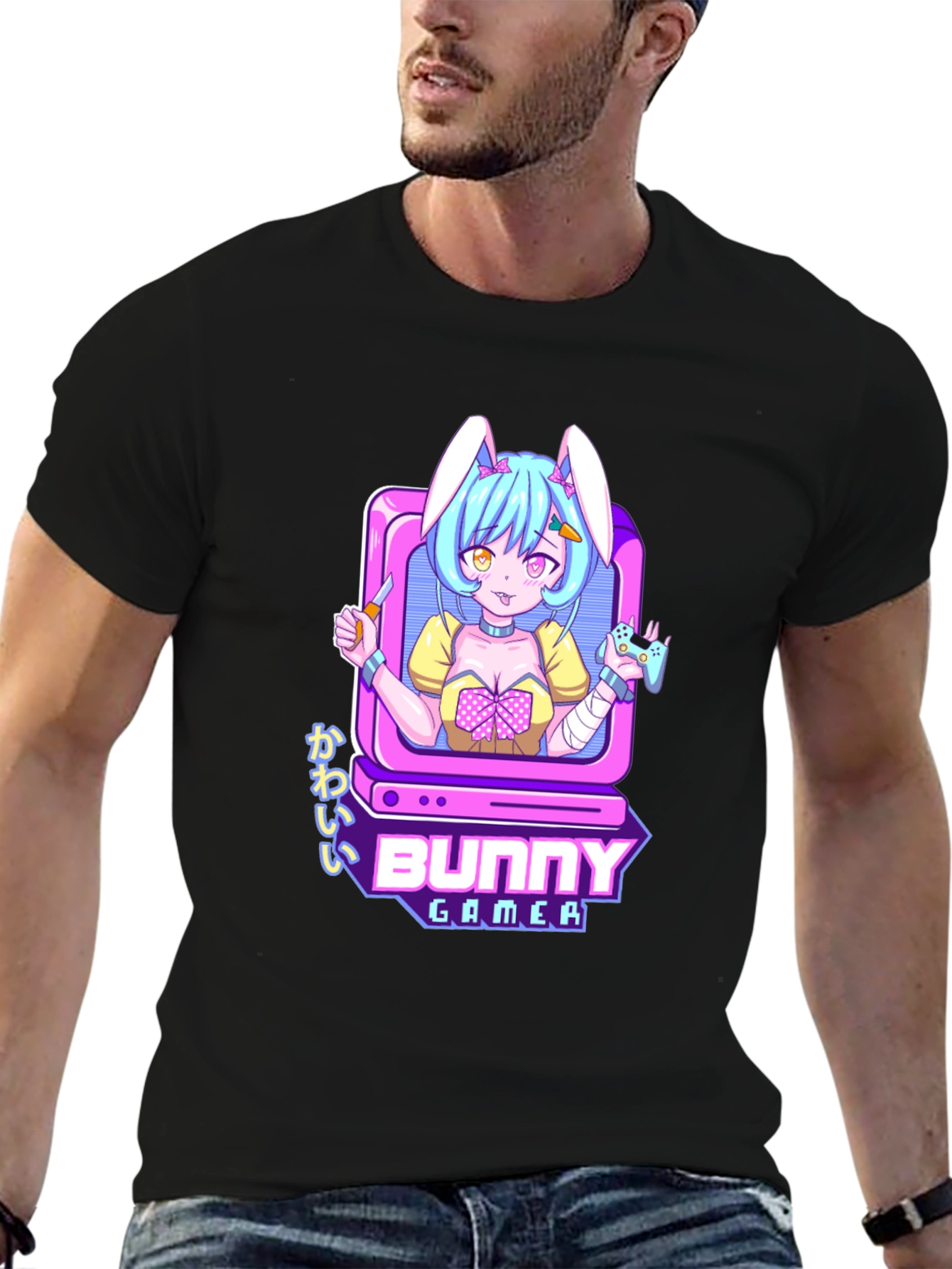 Bunny Gamer Black T-Shirt - Anime Style