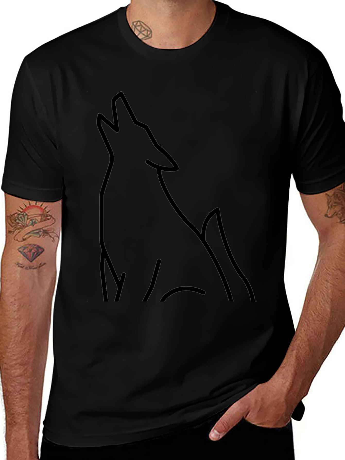 Mens Black Wolf Outline Graphic Tee