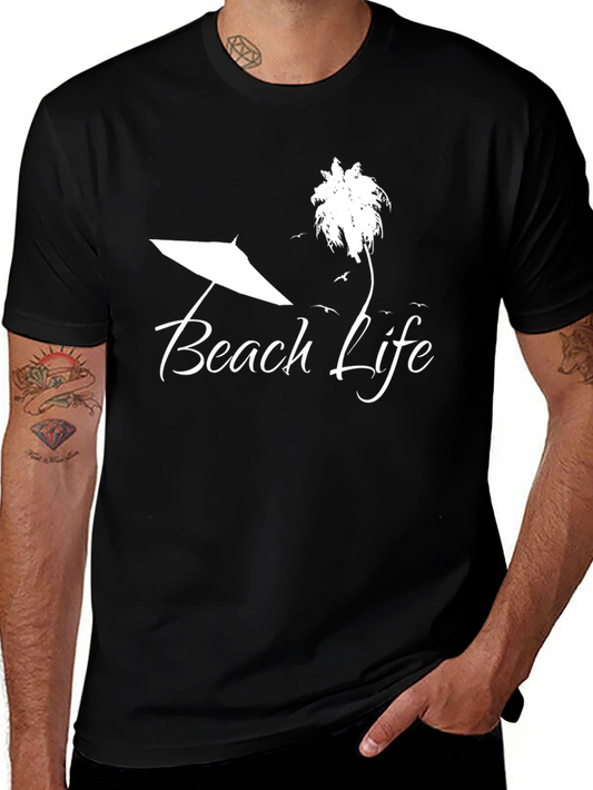 Beach Life Graphic T-Shirt - Palm Tree & Umbrella Design
