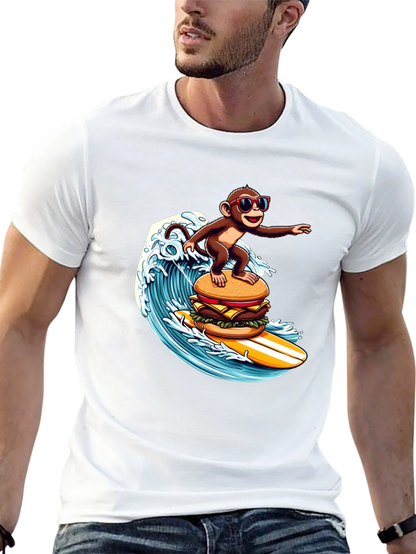 Monkey Surfing Burger Wave T-Shirt