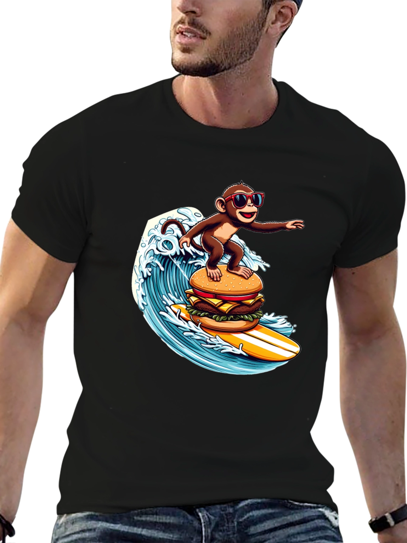 Monkey Surfing Burger Wave T-Shirt