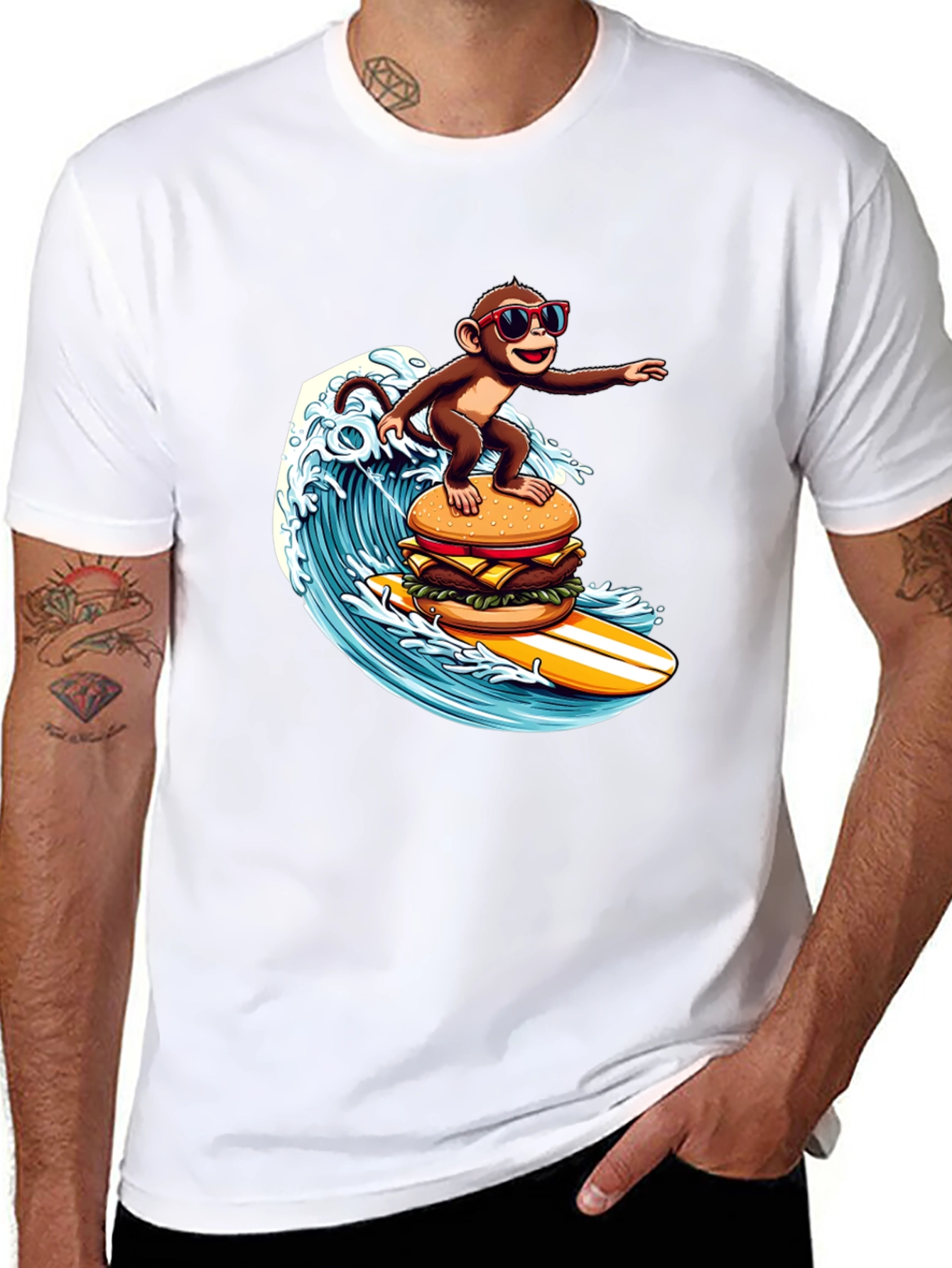 Monkey Surfing Burger Wave T-Shirt
