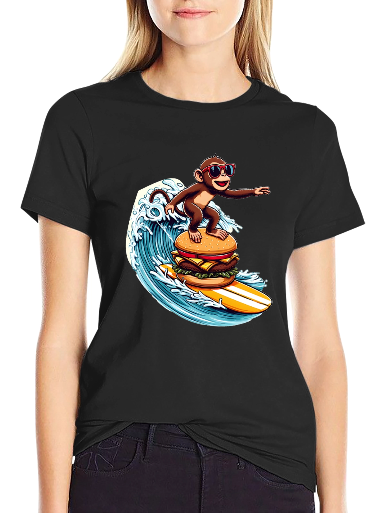 Monkey Surfing Burger Wave T-Shirt
