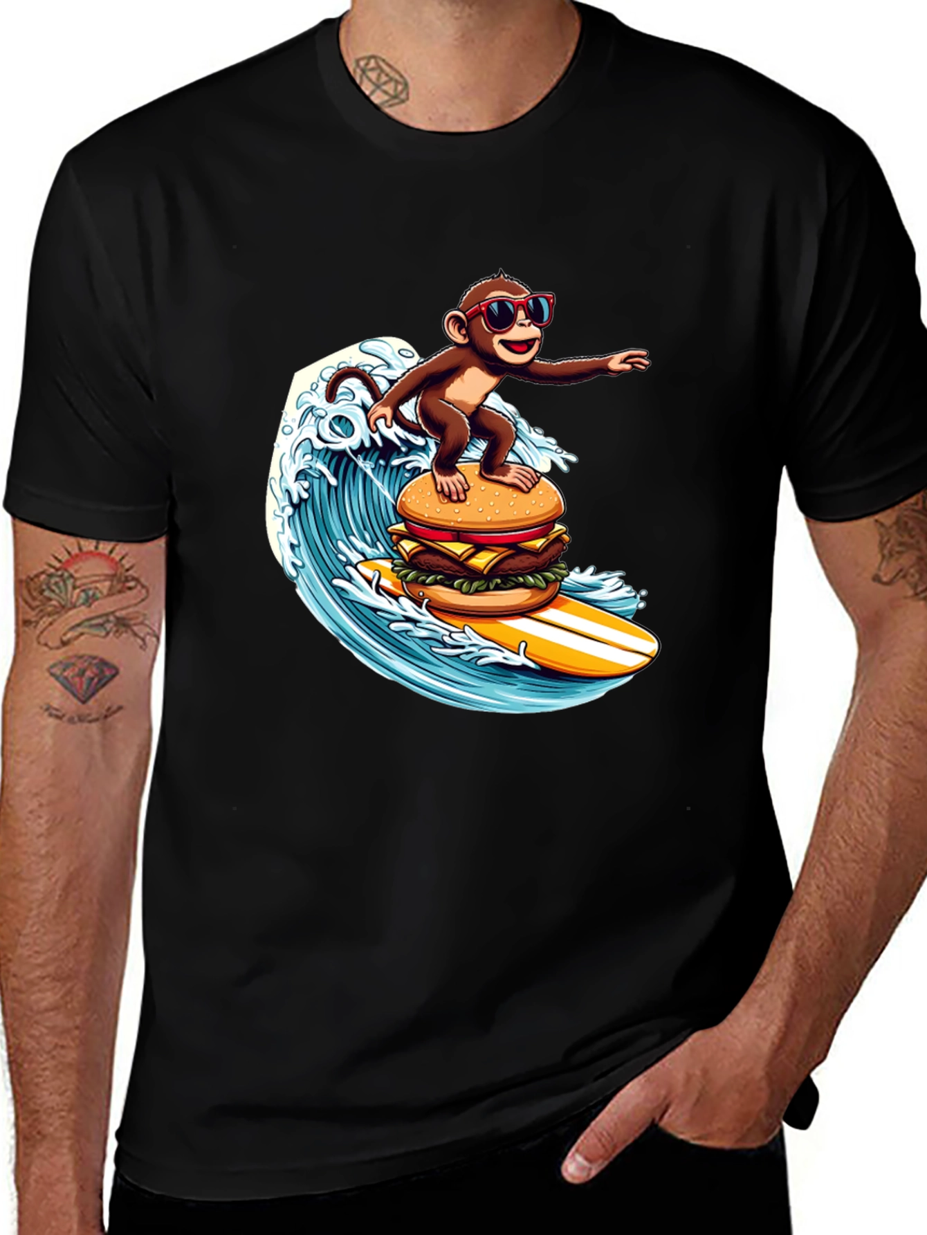 Monkey Surfing Burger Wave T-Shirt