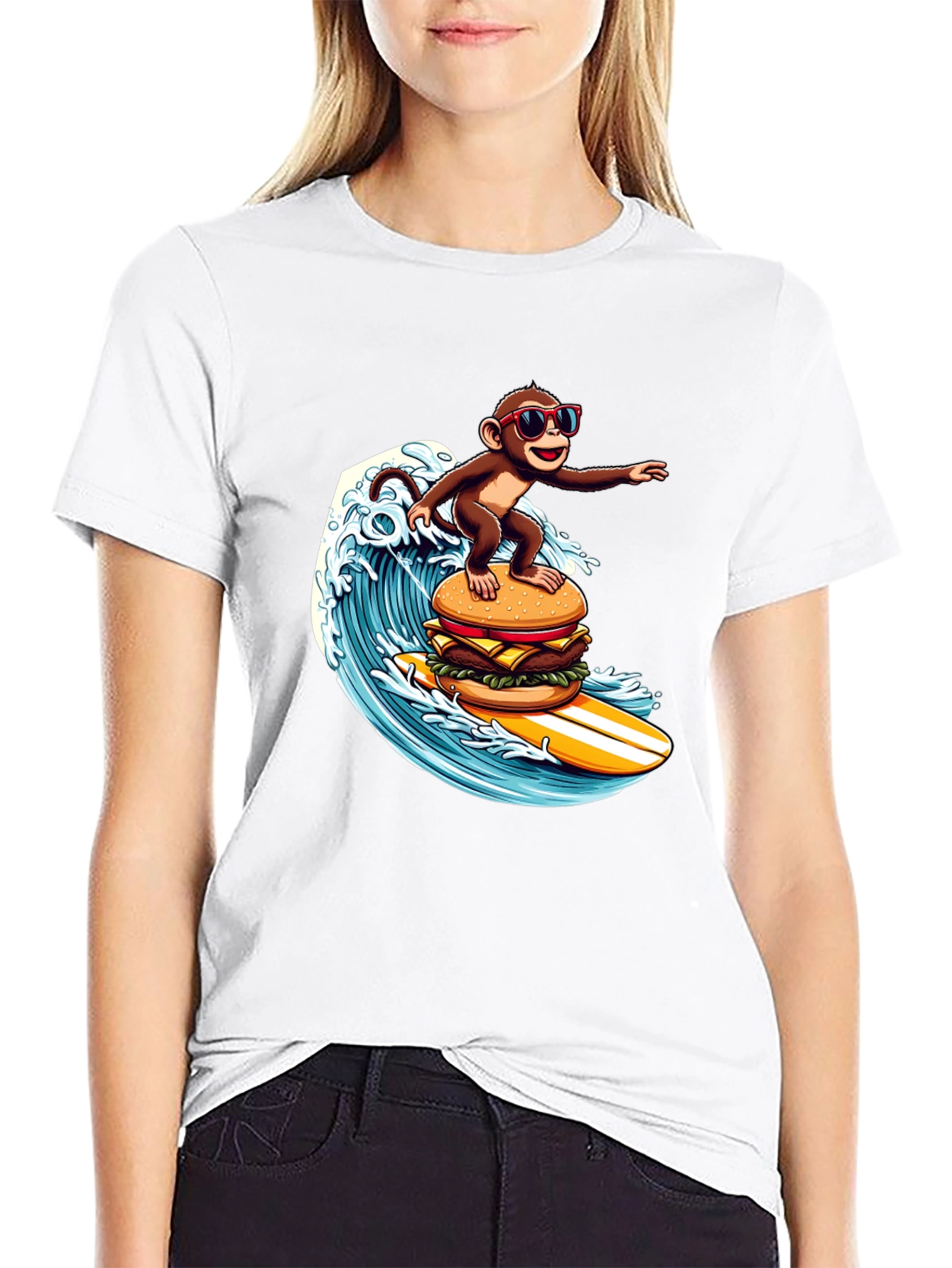 Monkey Surfing Burger Wave T-Shirt