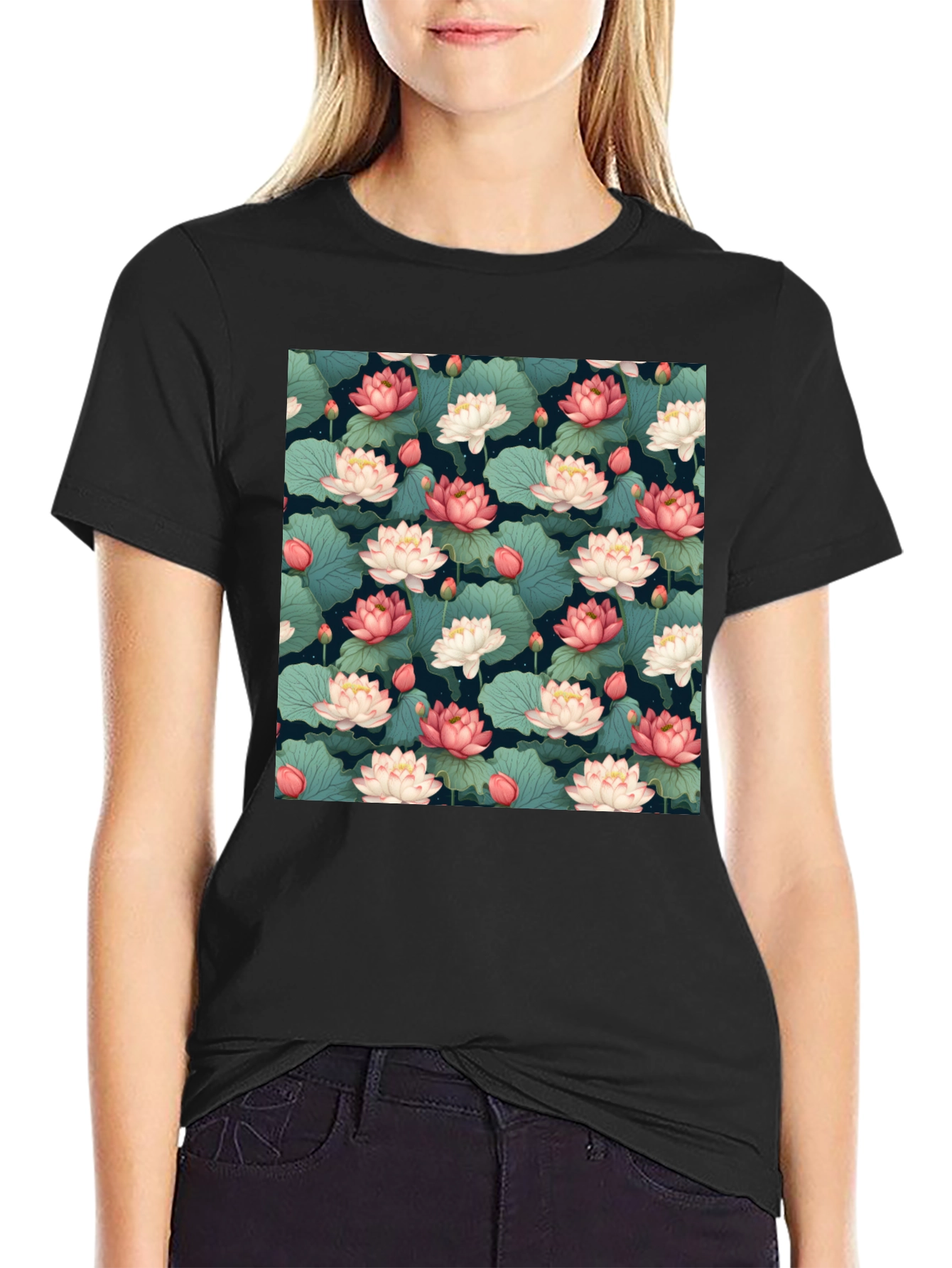Lotus Flower Print Black T-Shirt