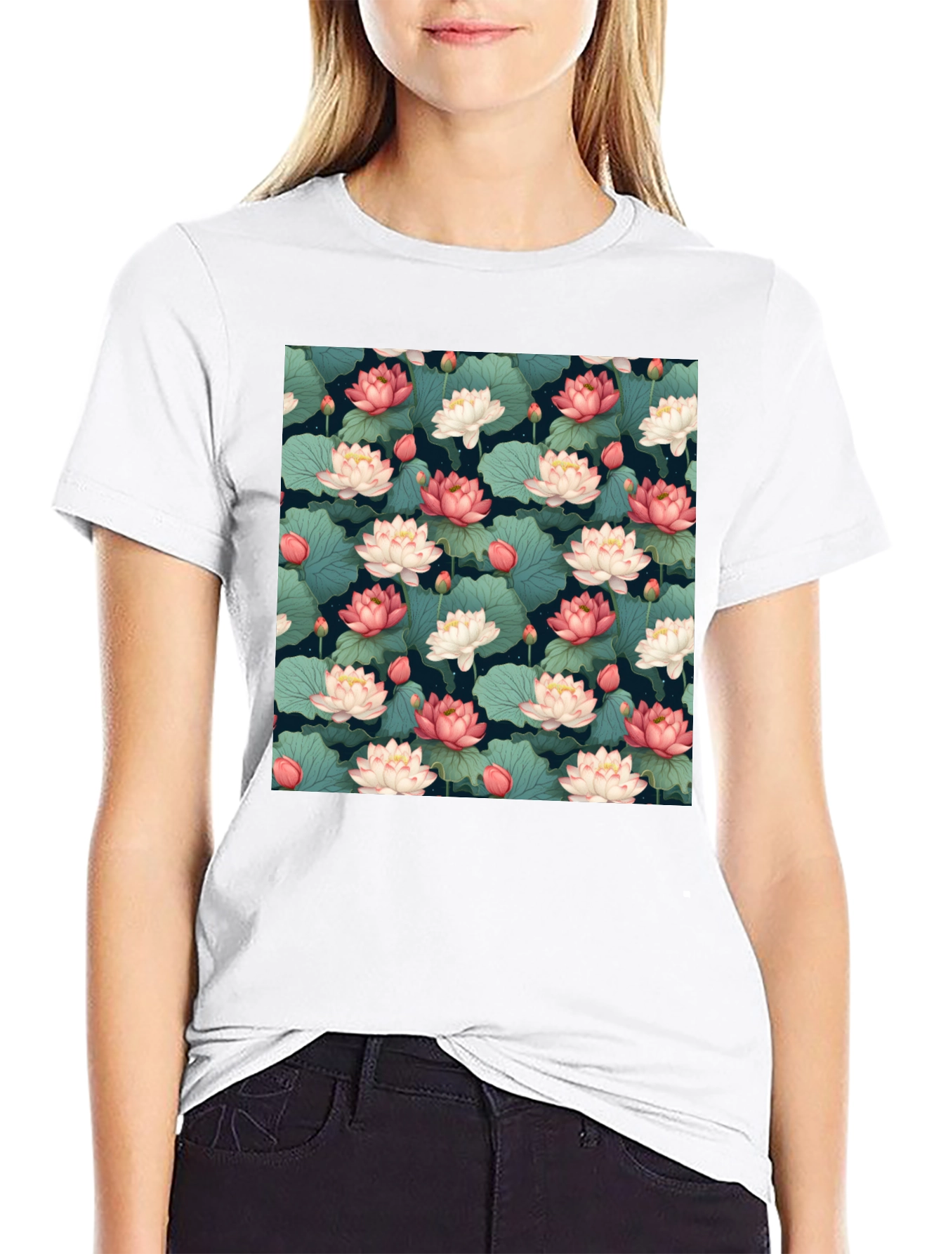 Lotus Flower Print Black T-Shirt