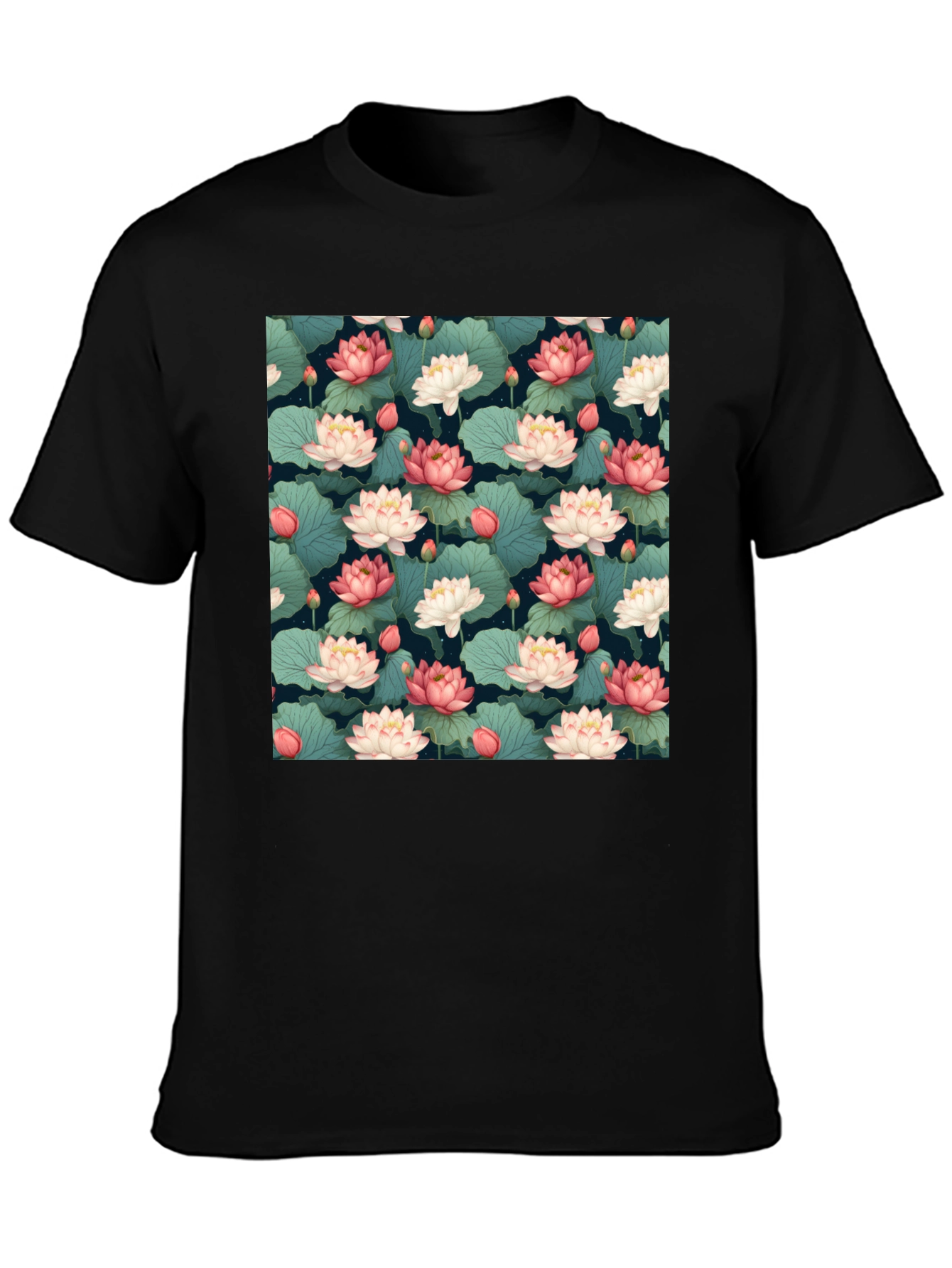 Lotus Flower Print Black T-Shirt