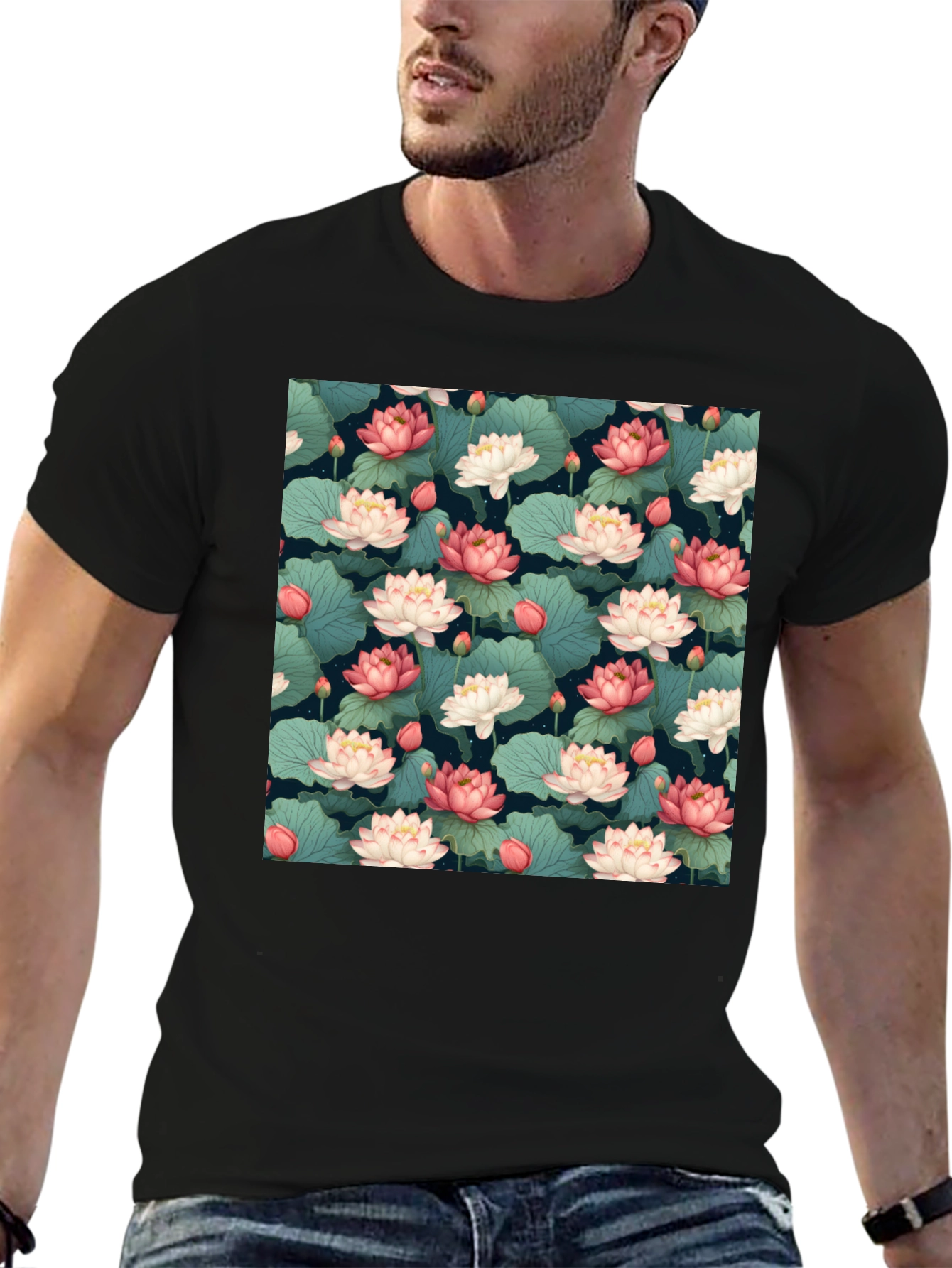Lotus Flower Print Black T-Shirt