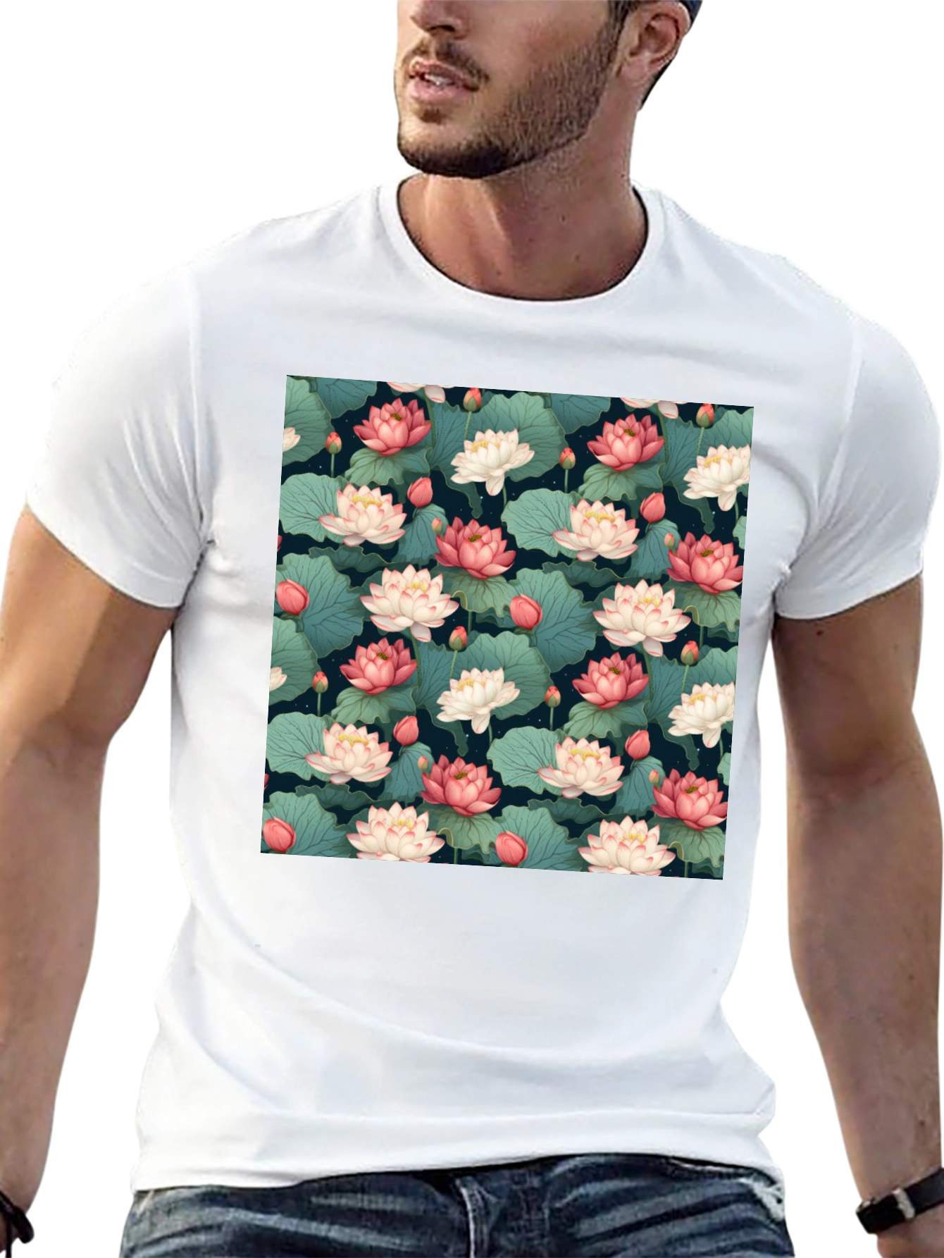 Lotus Flower Print Black T-Shirt