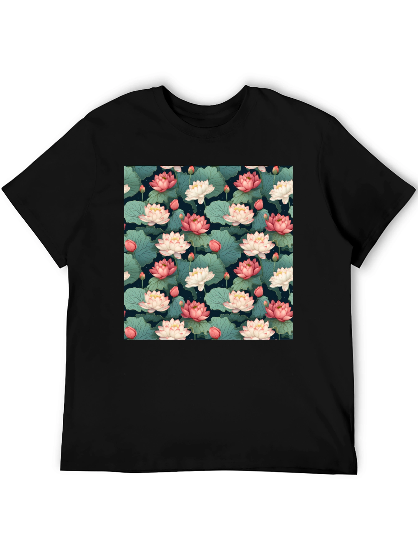 Lotus Flower Print Black T-Shirt