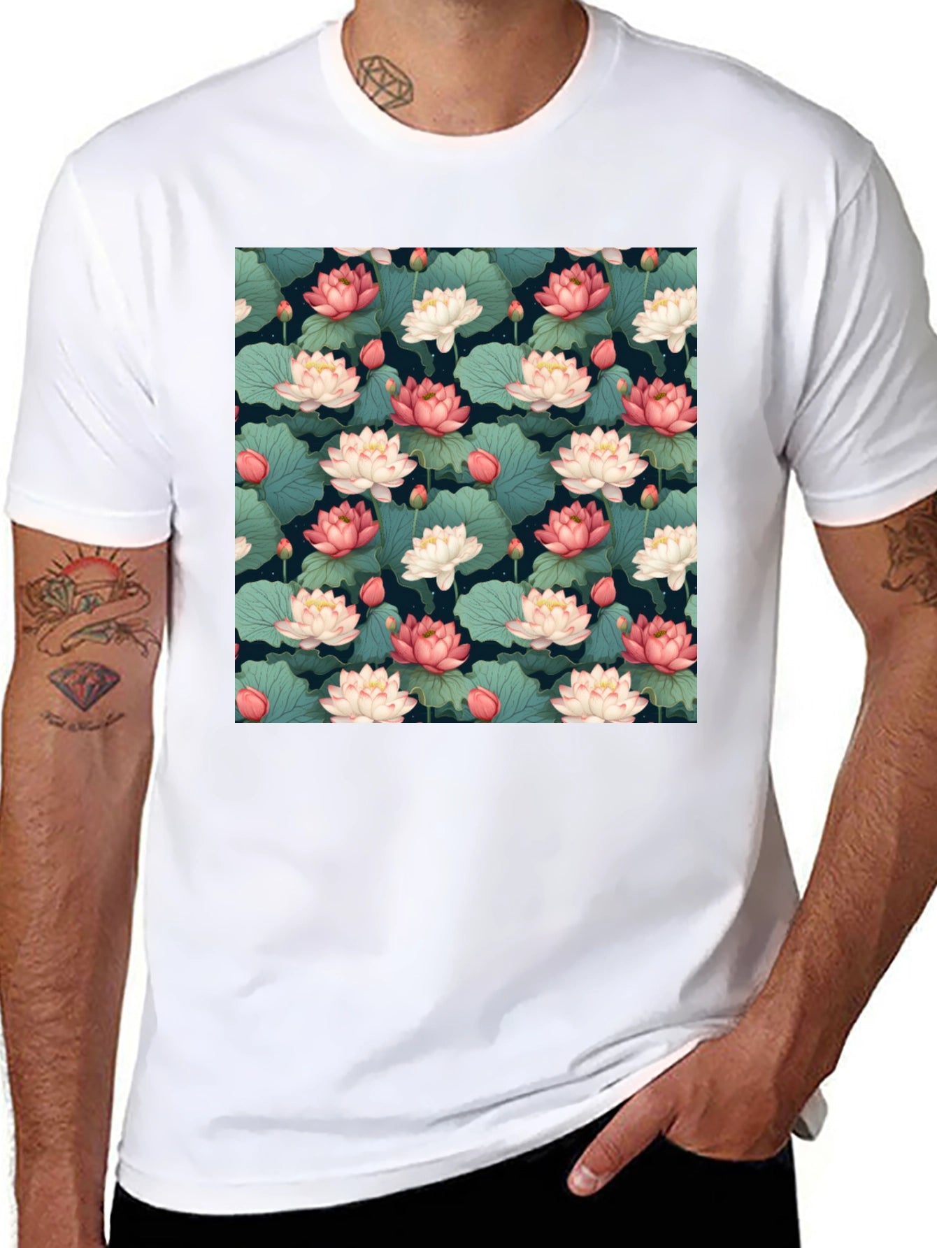 Lotus Flower Print Black T-Shirt