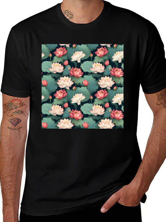 Lotus Flower Print Black T-Shirt