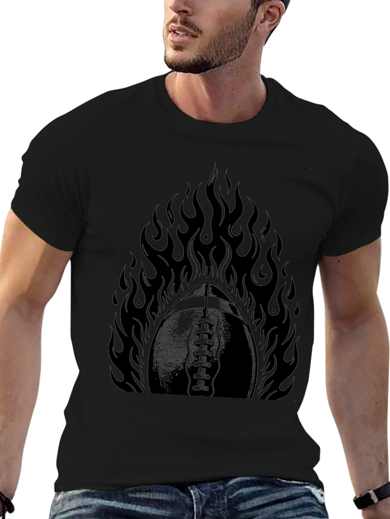 Fiery Football Graphic Tee - Black Cotton