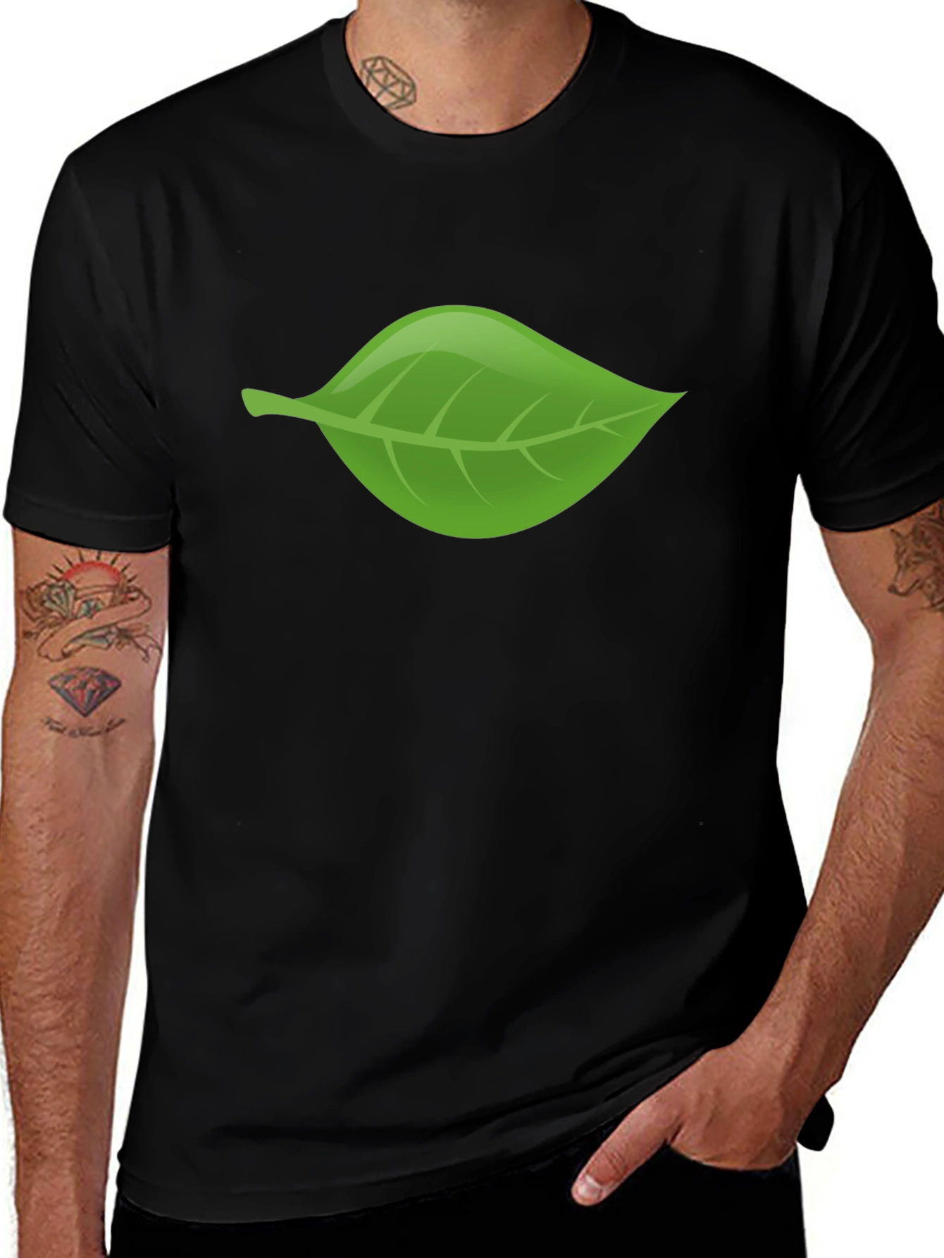 Green Leaf Graphic Black T-Shirt