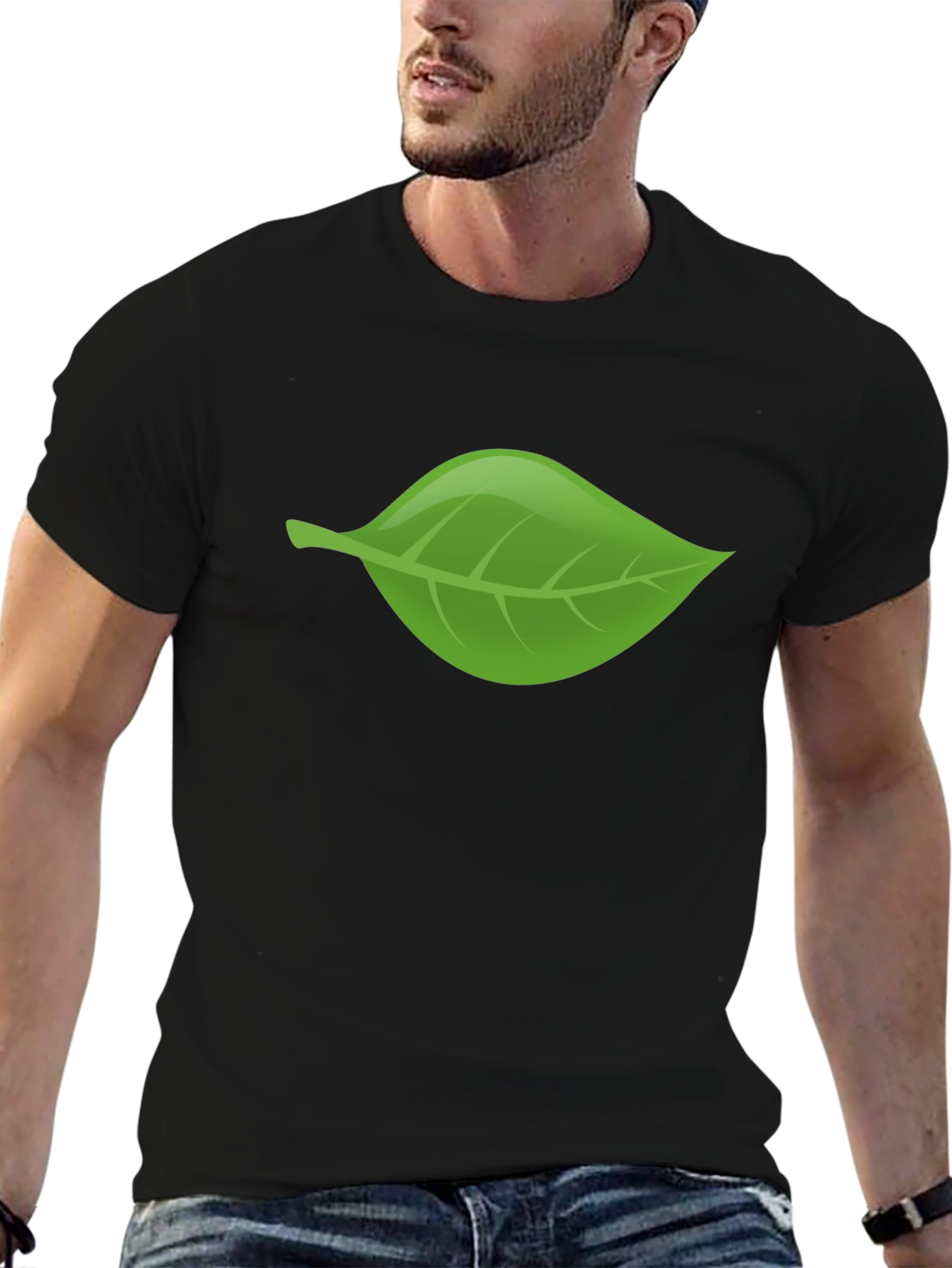 Green Leaf Graphic Black T-Shirt