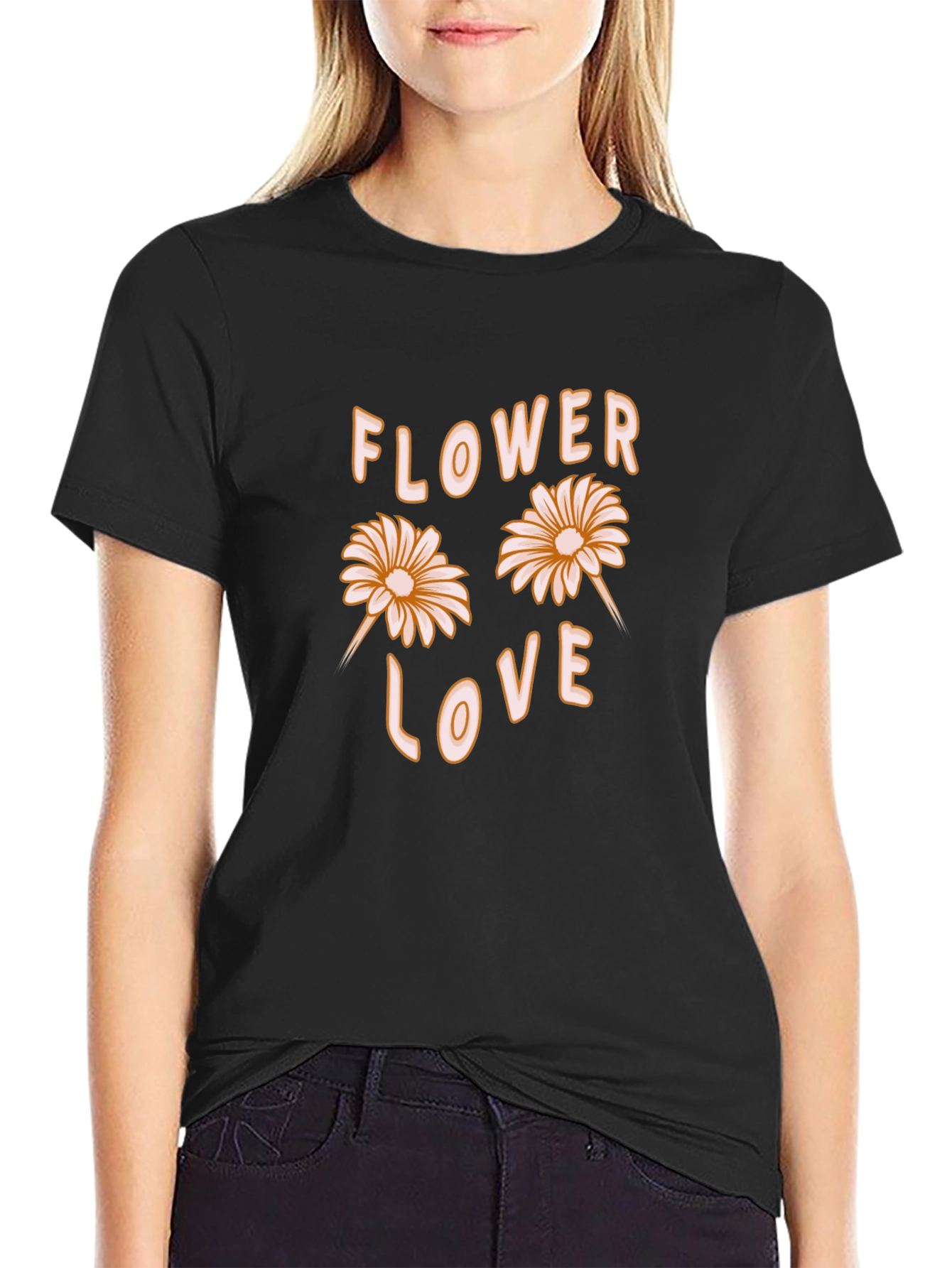 Flower Love Graphic Tee - Black Cotton Casual Shirt