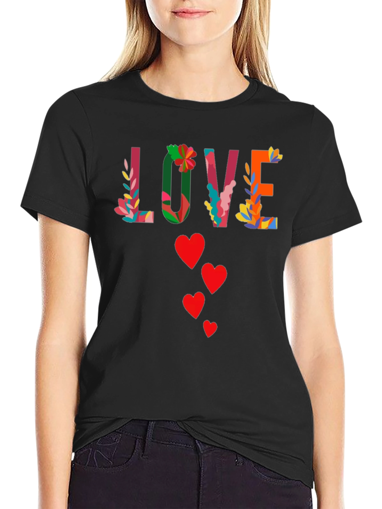 Floral Love Graphic Tee - Black Cotton Shirt