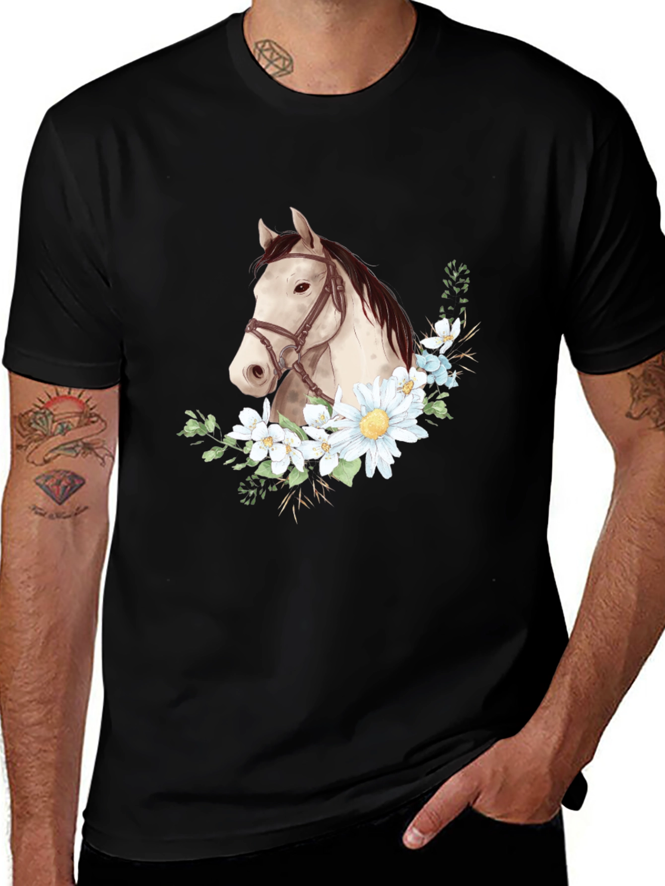 Horse & Floral Graphic Tee - Black