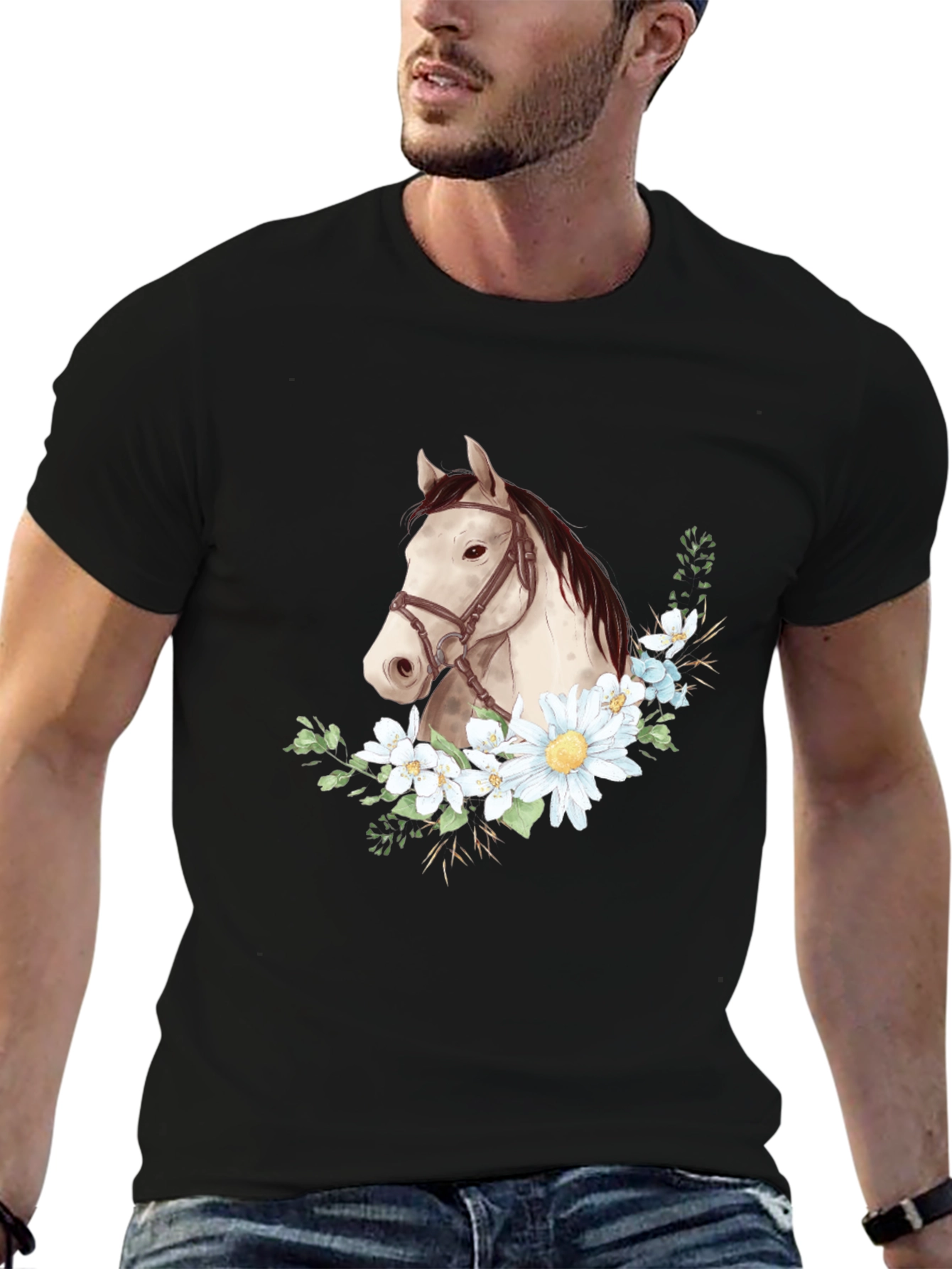 Horse & Floral Graphic Tee - Black
