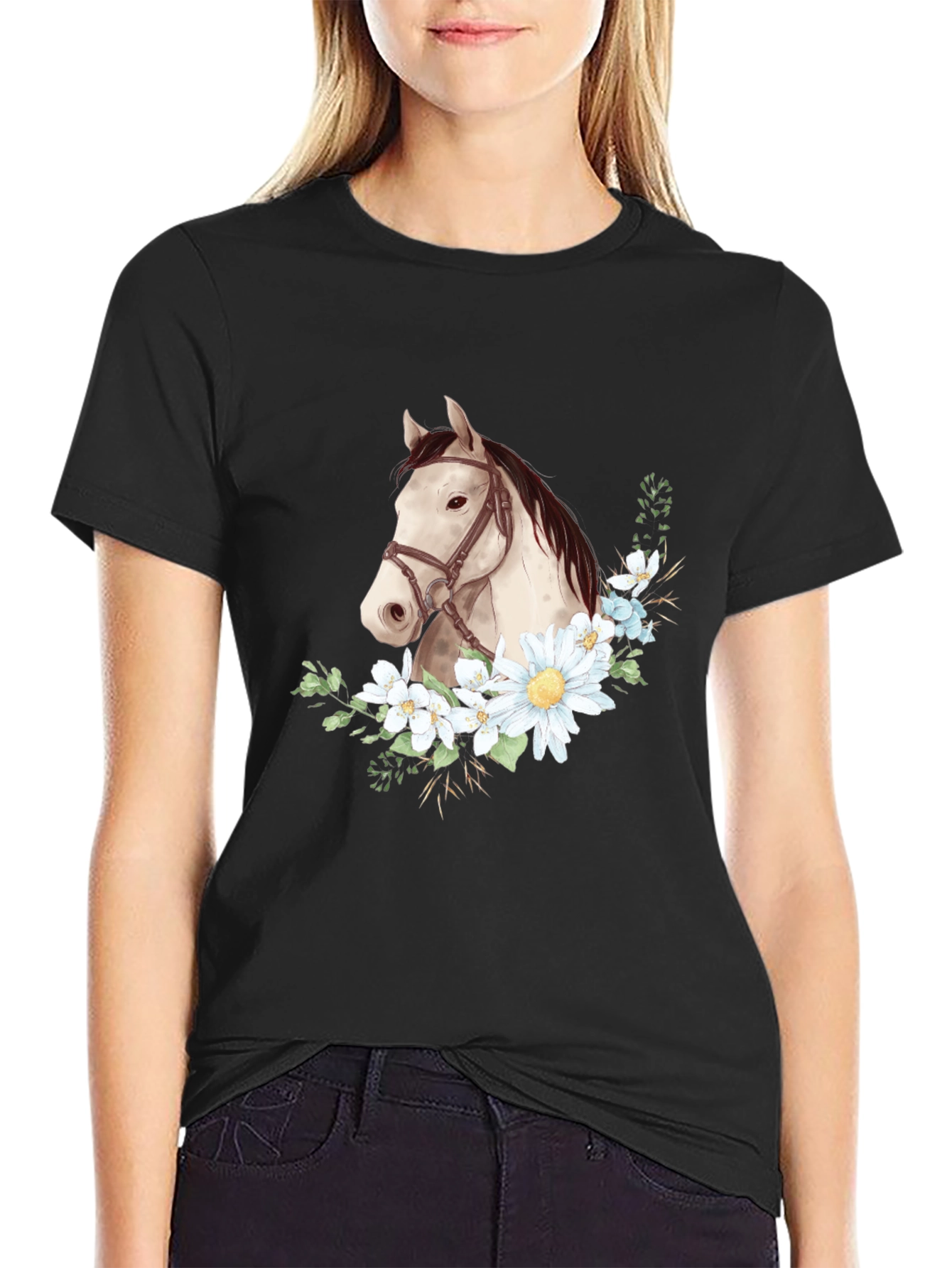 Horse & Floral Graphic Tee - Black