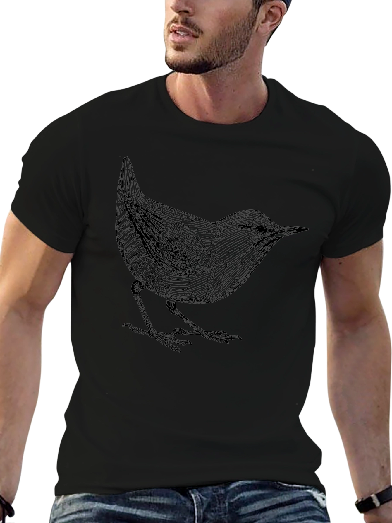 Mens Black T-Shirt with Bird Print