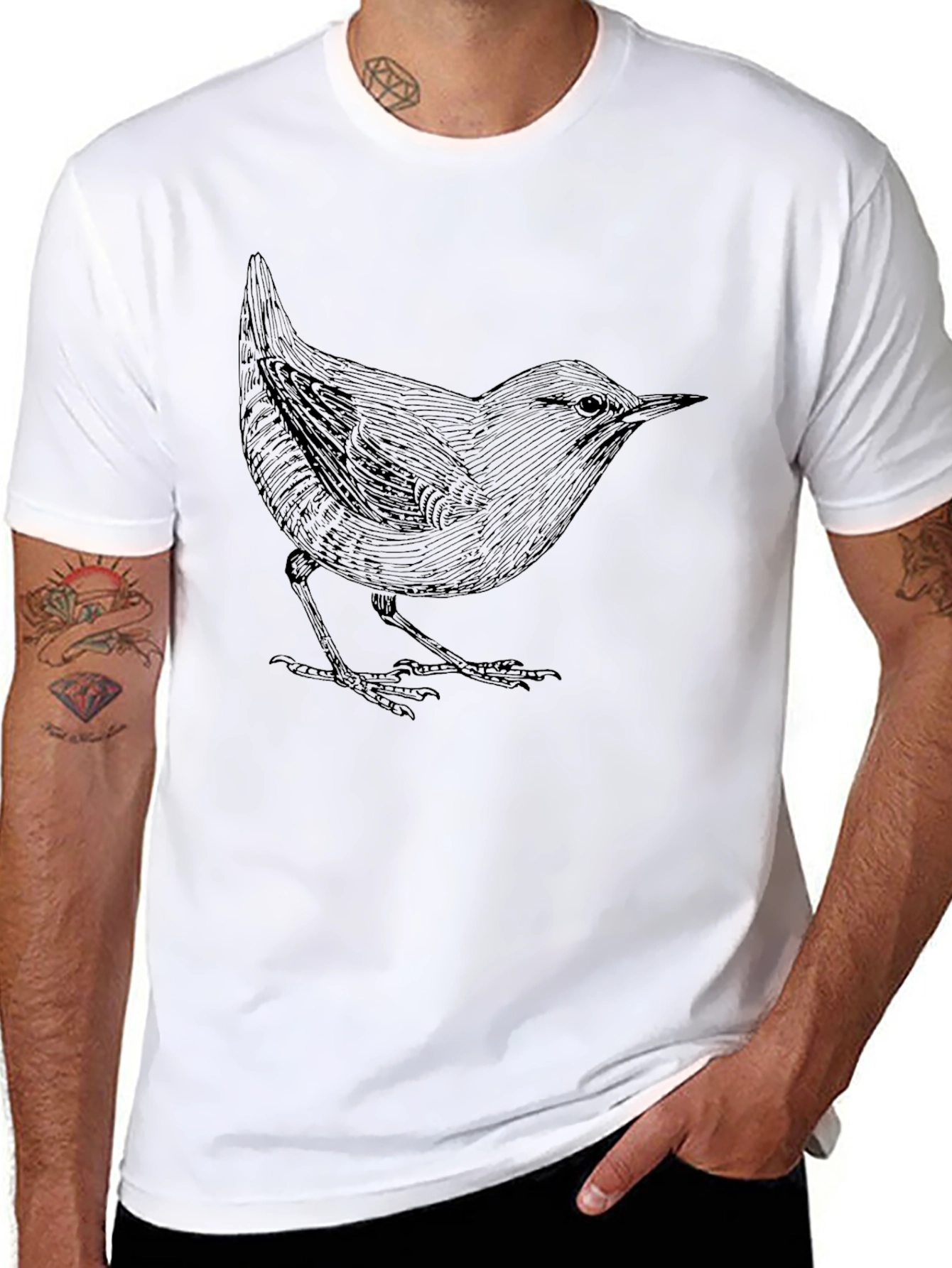 Mens Black T-Shirt with Bird Print