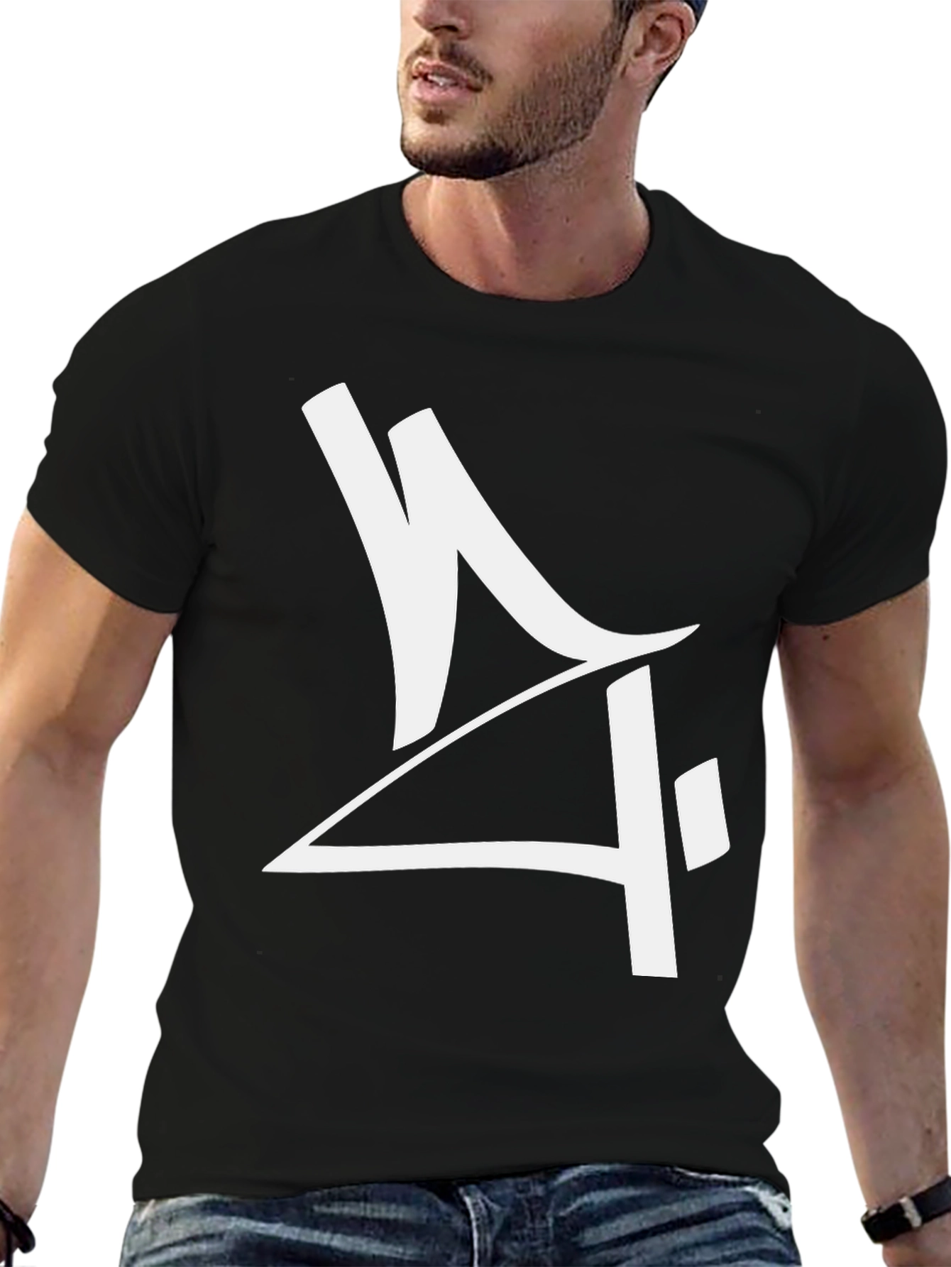 Mens Black Graphic Tee - Abstract White Design