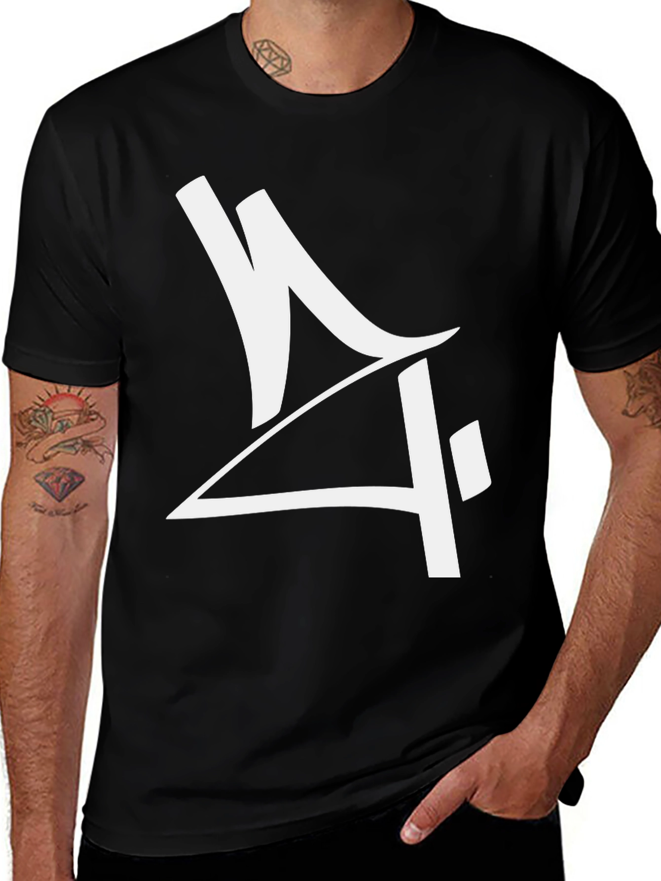 Mens Black Graphic Tee - Abstract White Design