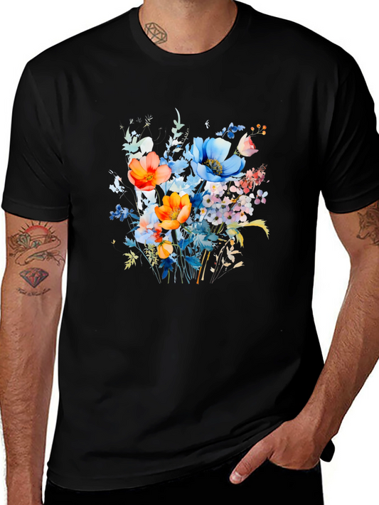 Floral Watercolor Mens Black T-Shirt