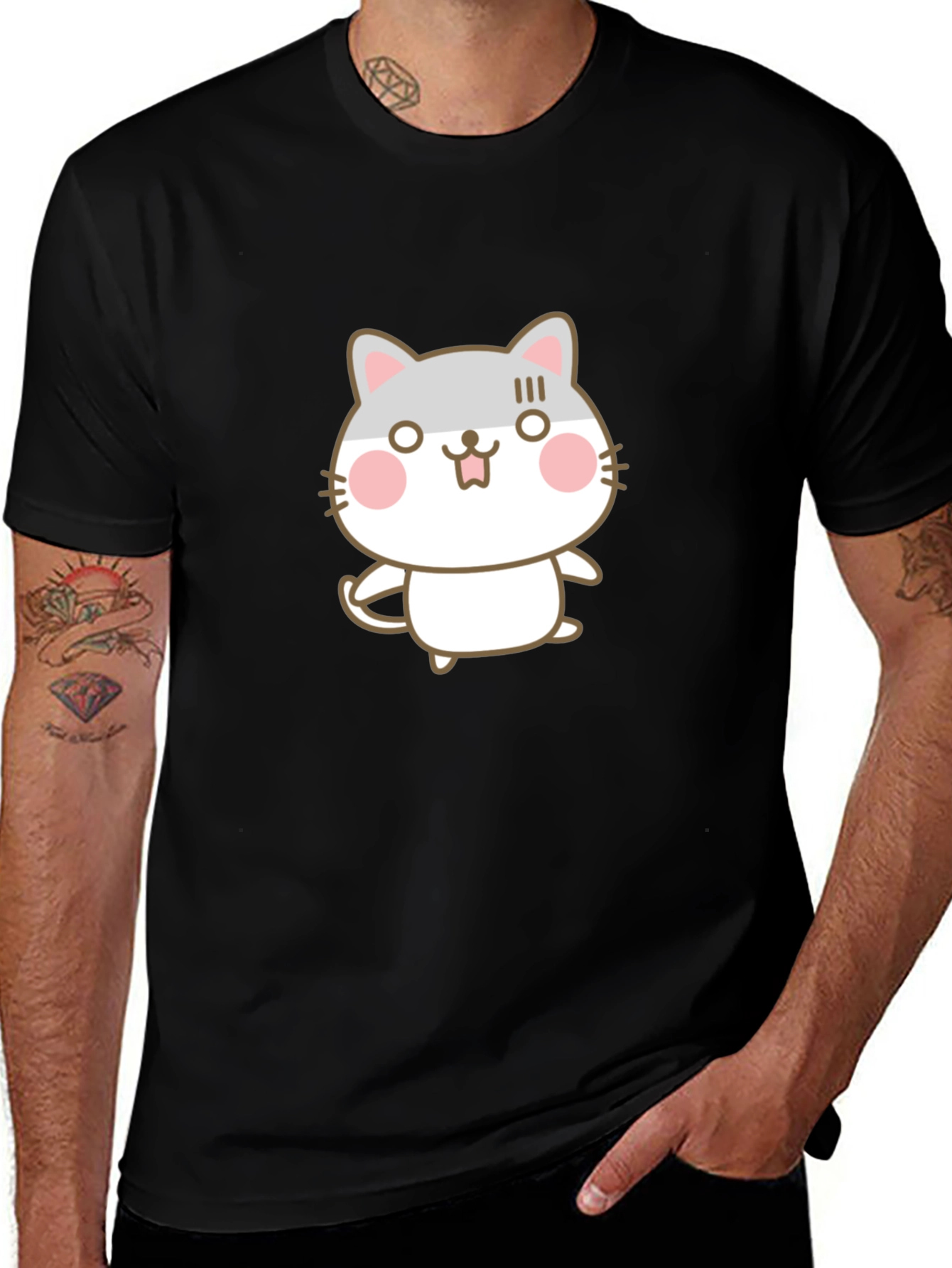 Cute Cartoon Cat Graphic Black T-Shirt
