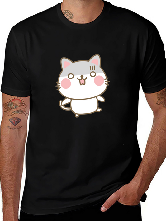 Cute Cartoon Cat Graphic Black T-Shirt