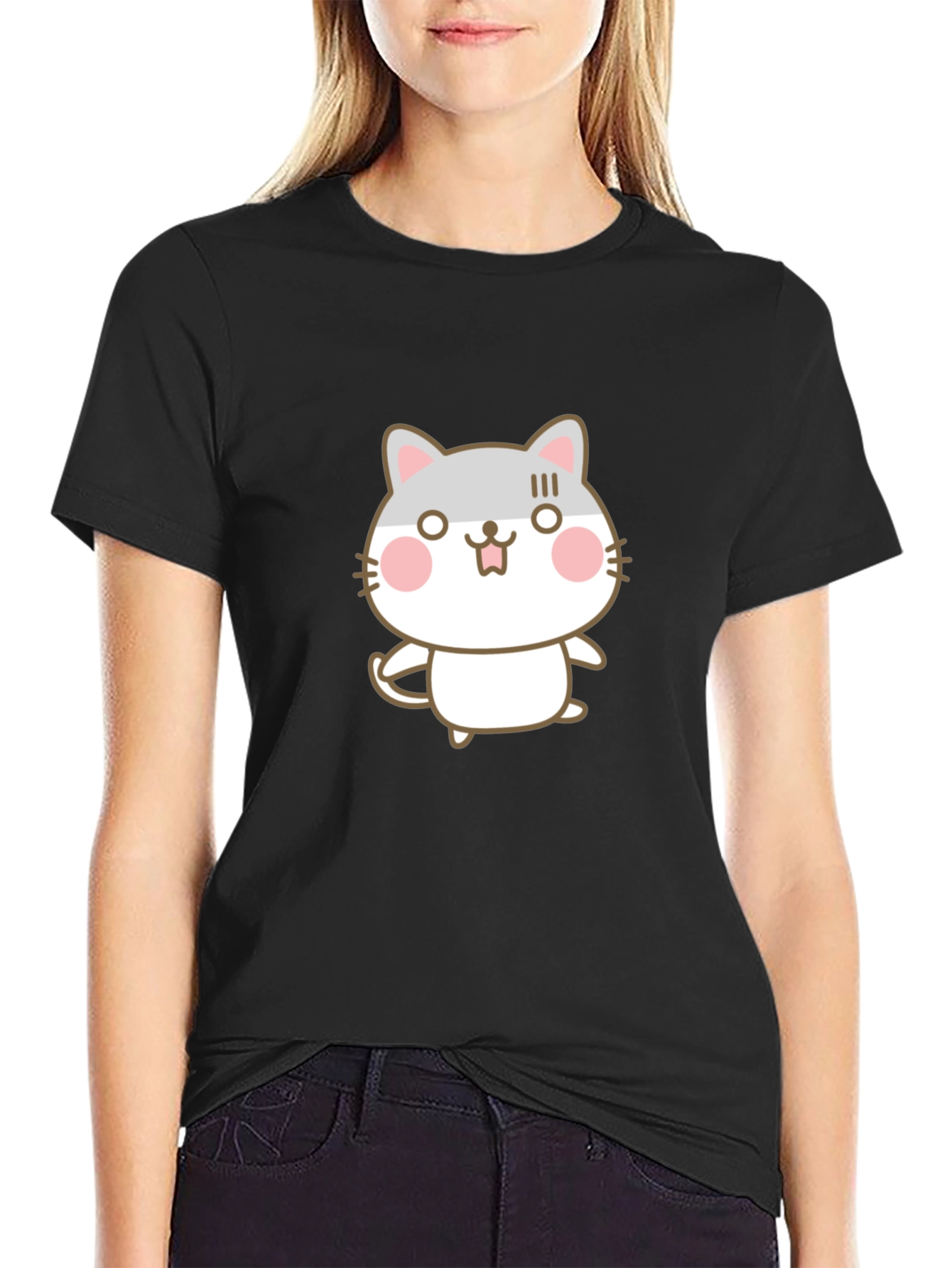 Cute Cartoon Cat Graphic Black T-Shirt