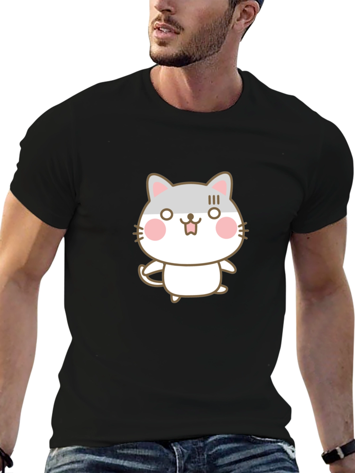 Cute Cartoon Cat Graphic Black T-Shirt
