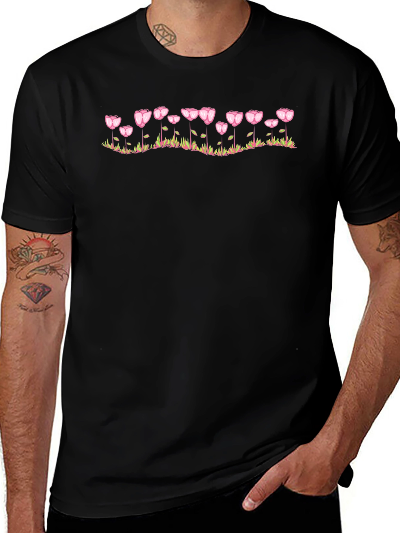 Floral Heart Tulip Graphic Black T-Shirt