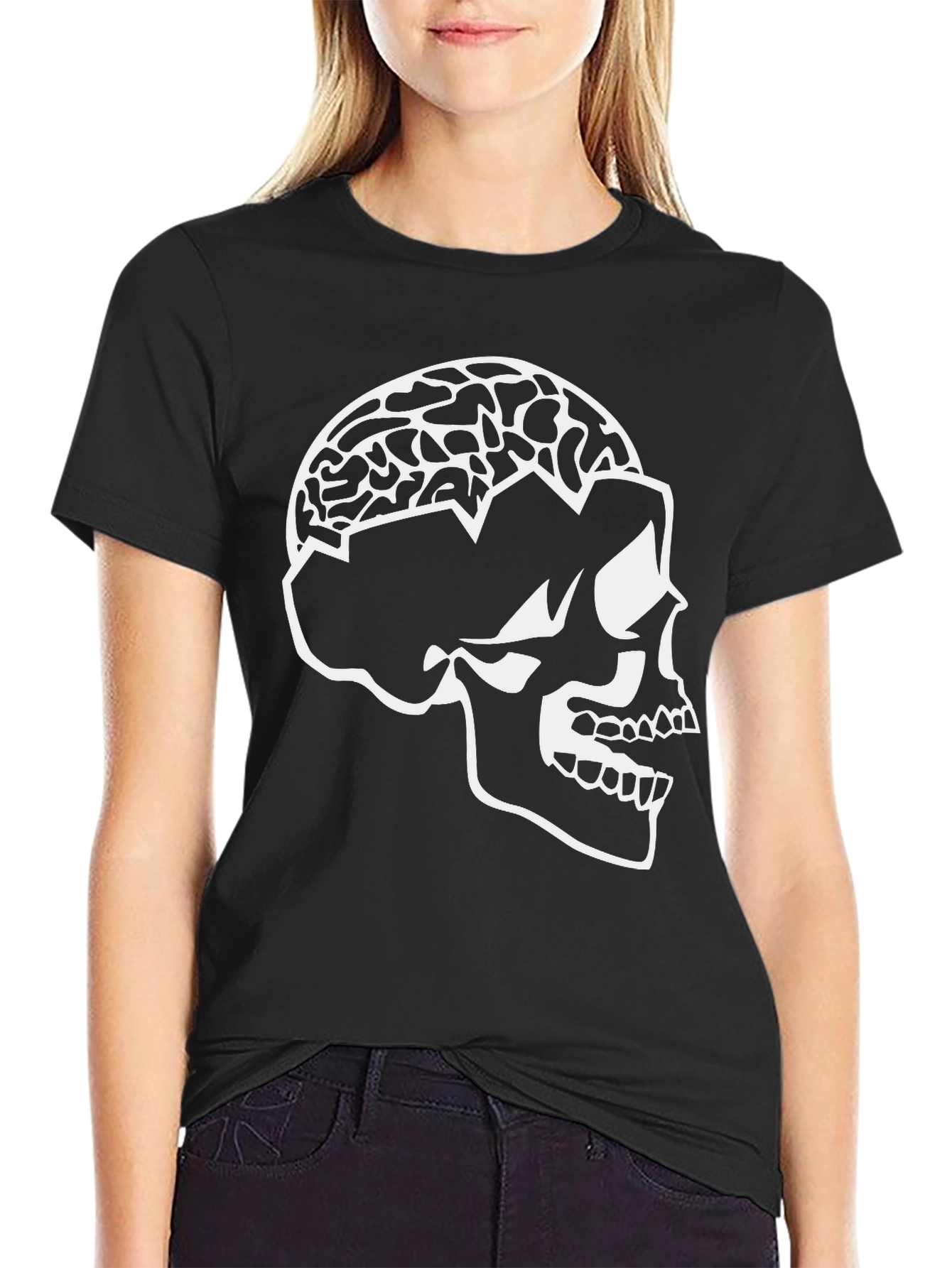 Skull Brain Graphic Tee - Black Cotton Blend