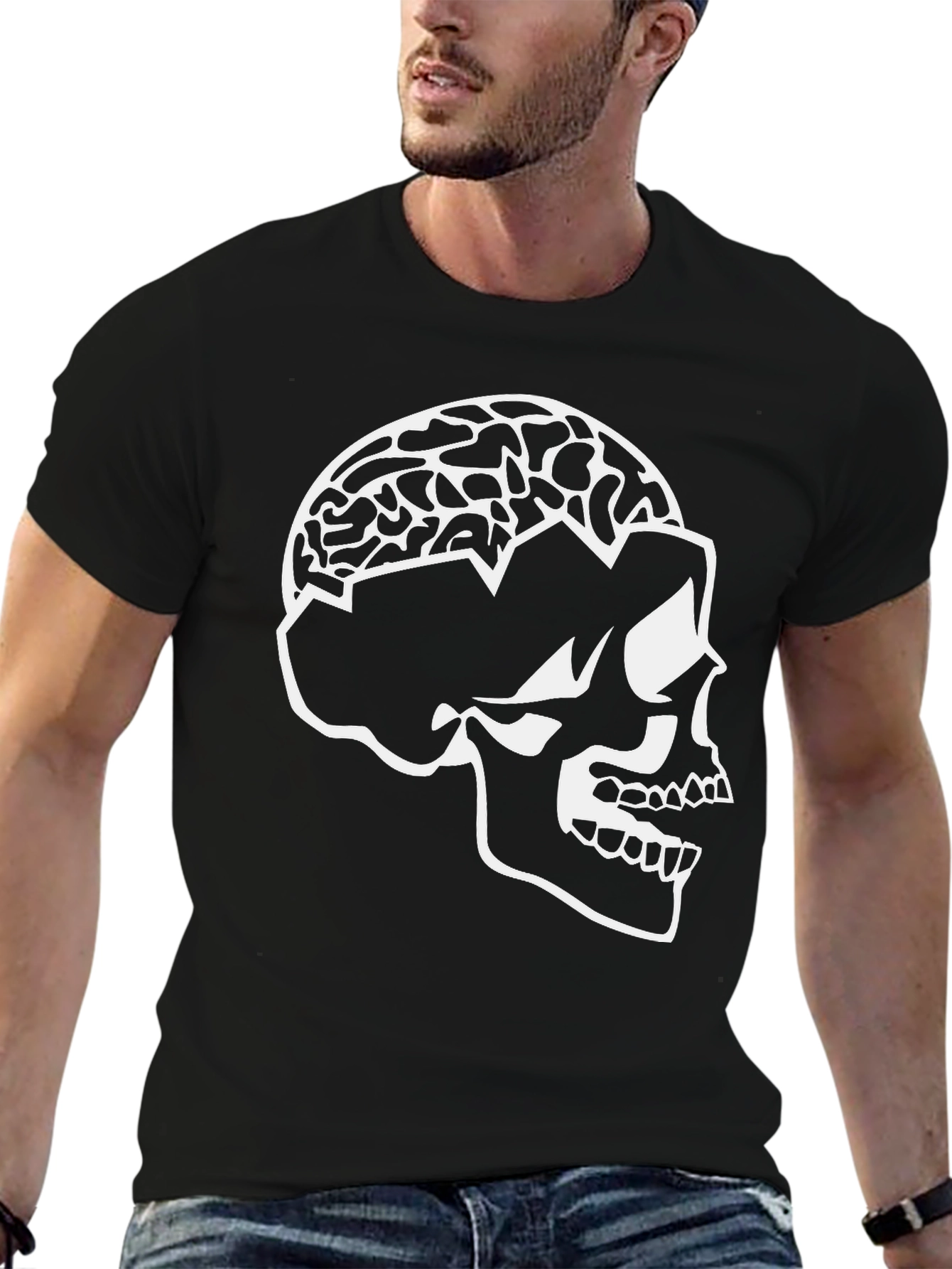 Skull Brain Graphic Tee - Black Cotton Blend