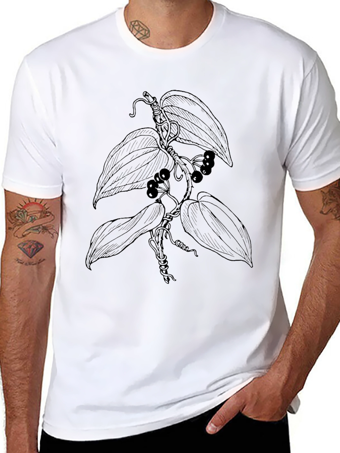 Botanical Vine Graphic Tee - Black Cotton