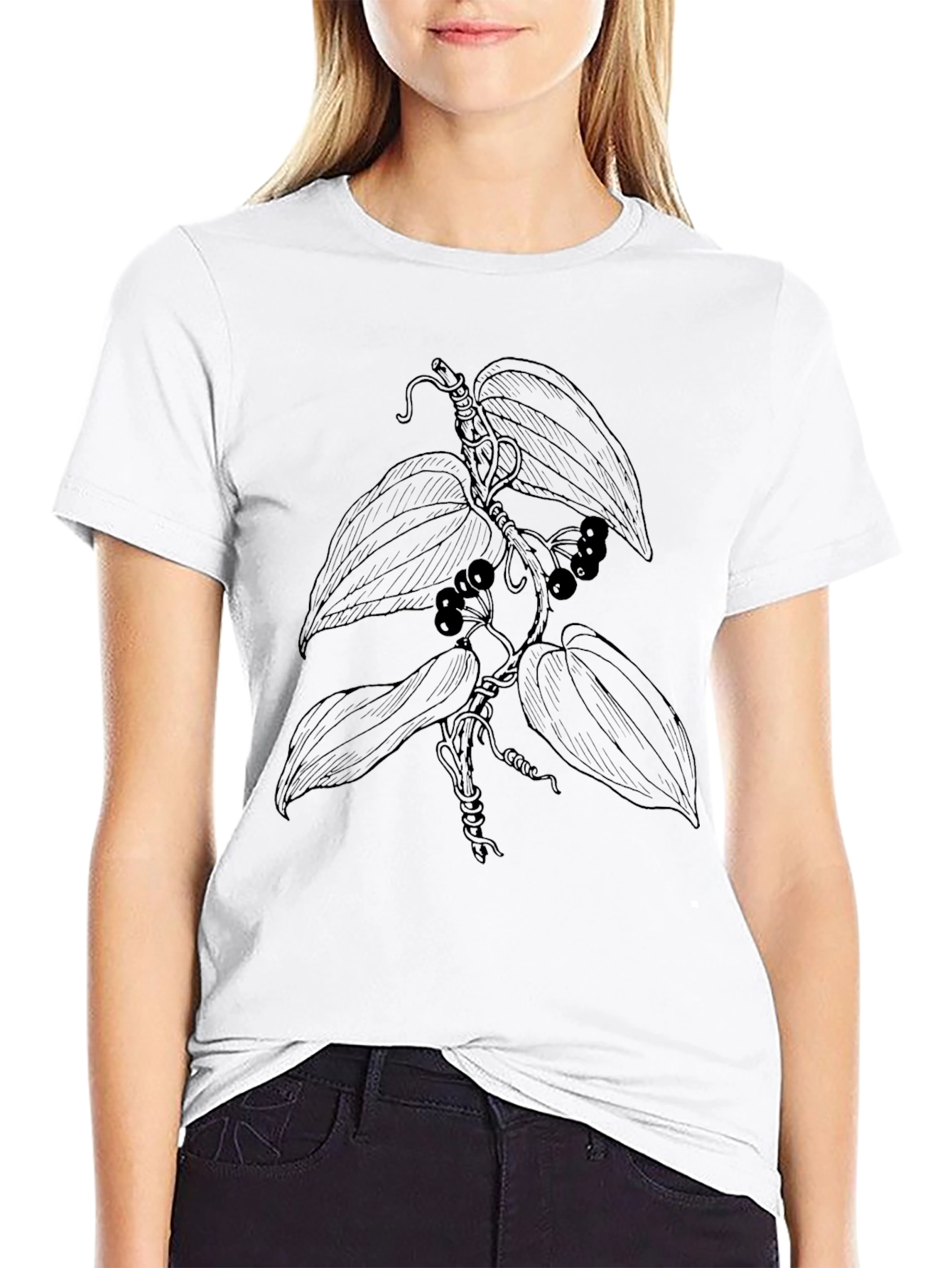 Botanical Vine Graphic Tee - Black Cotton