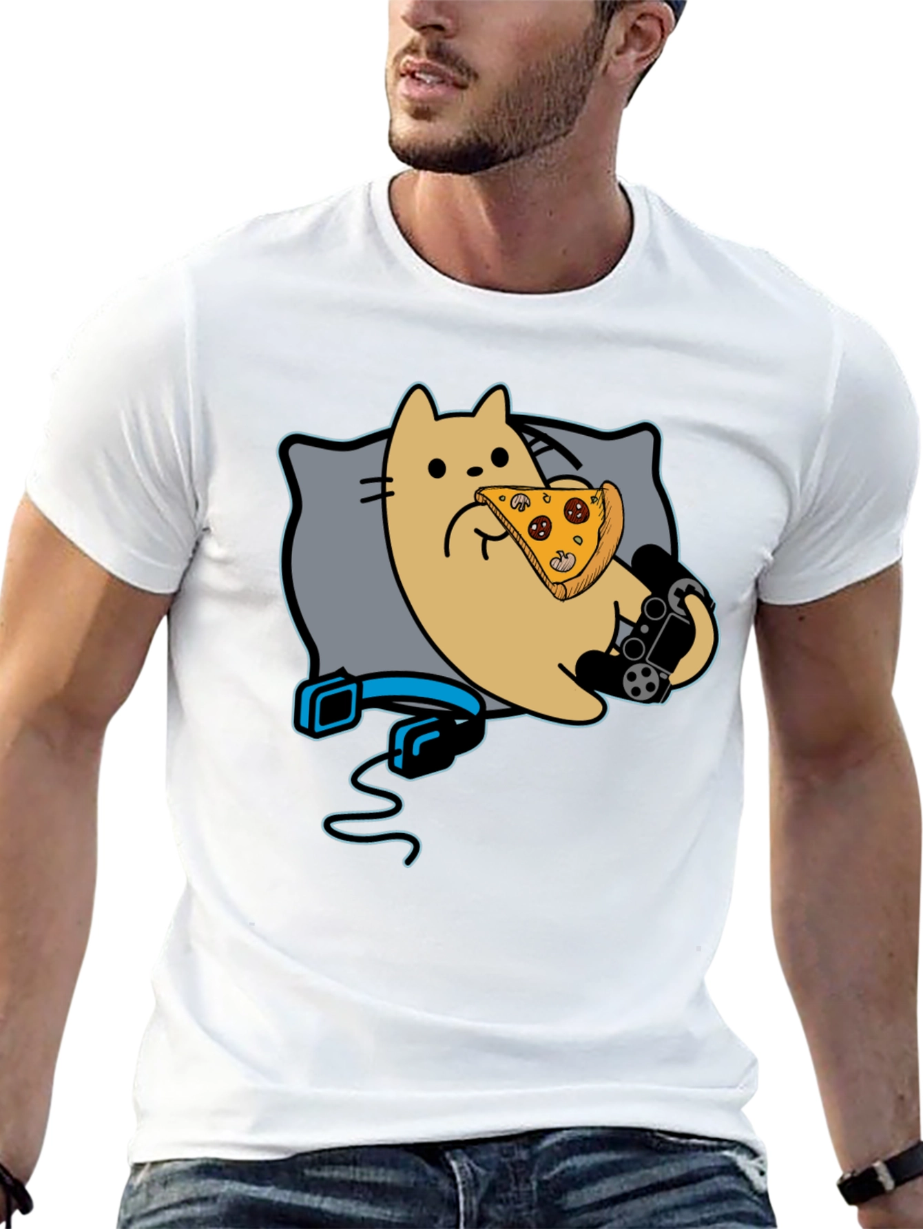 Gamer Cat Pizza T-Shirt - Black Cotton Blend