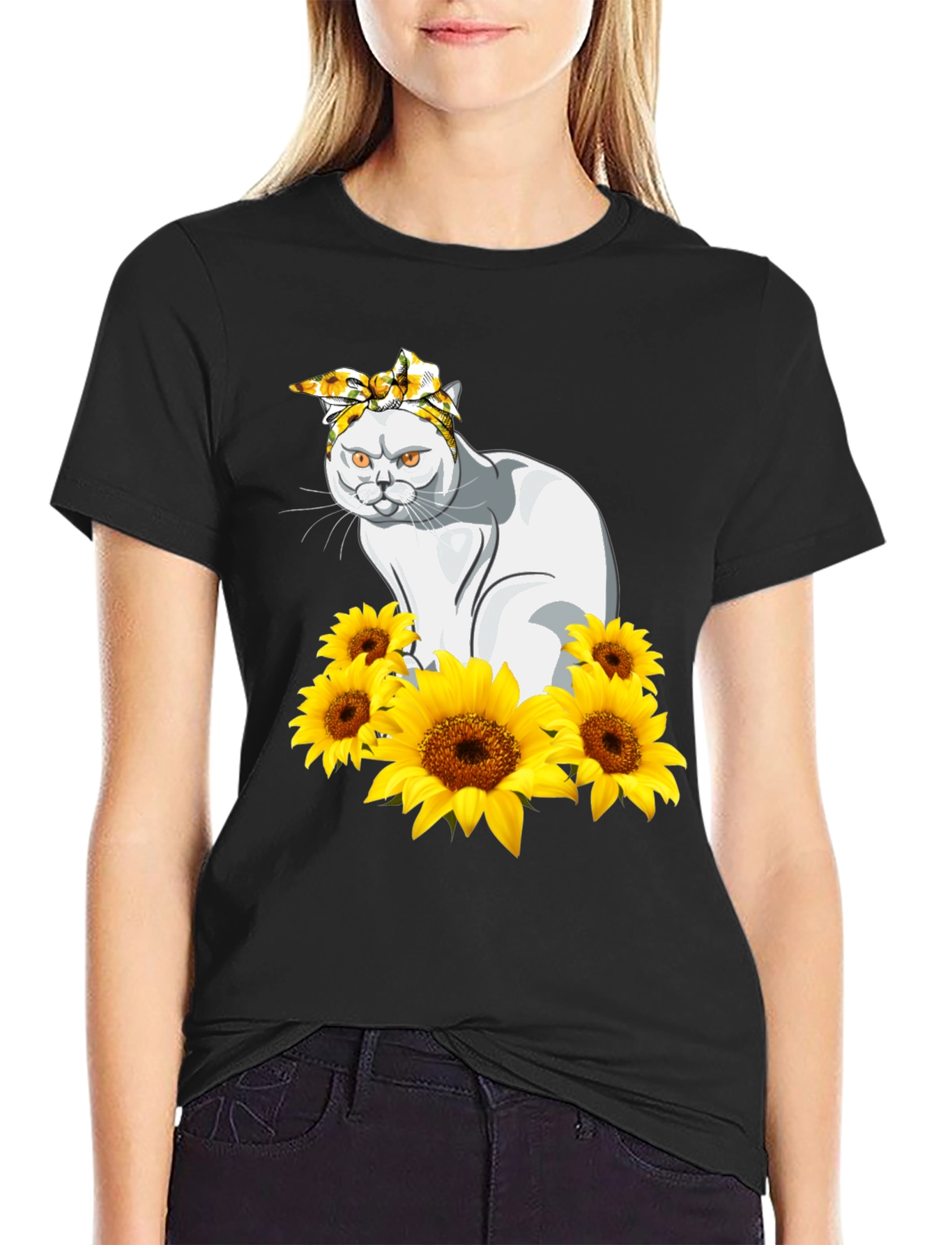Cat Sunflower T-Shirt - Black Graphic Tee
